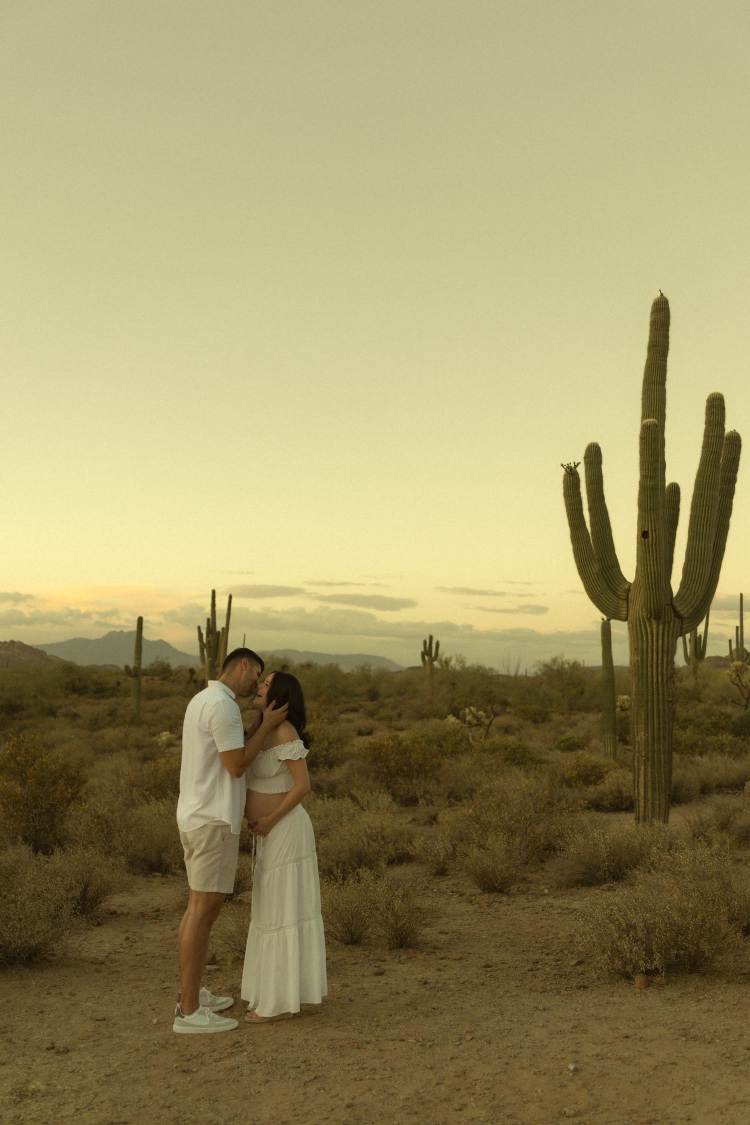 Pregnant couple kissing in Arizona desert landscape at dusk with saguaro cactus silhouette nearby.