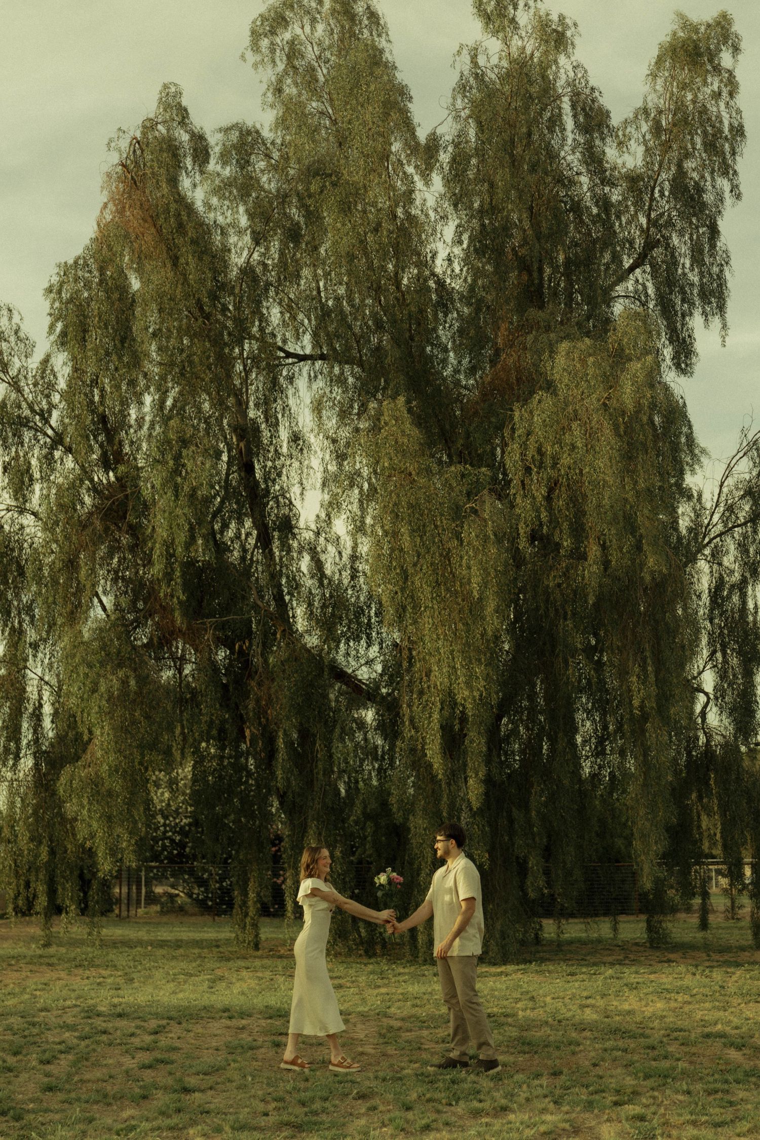 Couple holding hands and flowers beneath a large weeping willow tree on a green lawn under overcast skies.