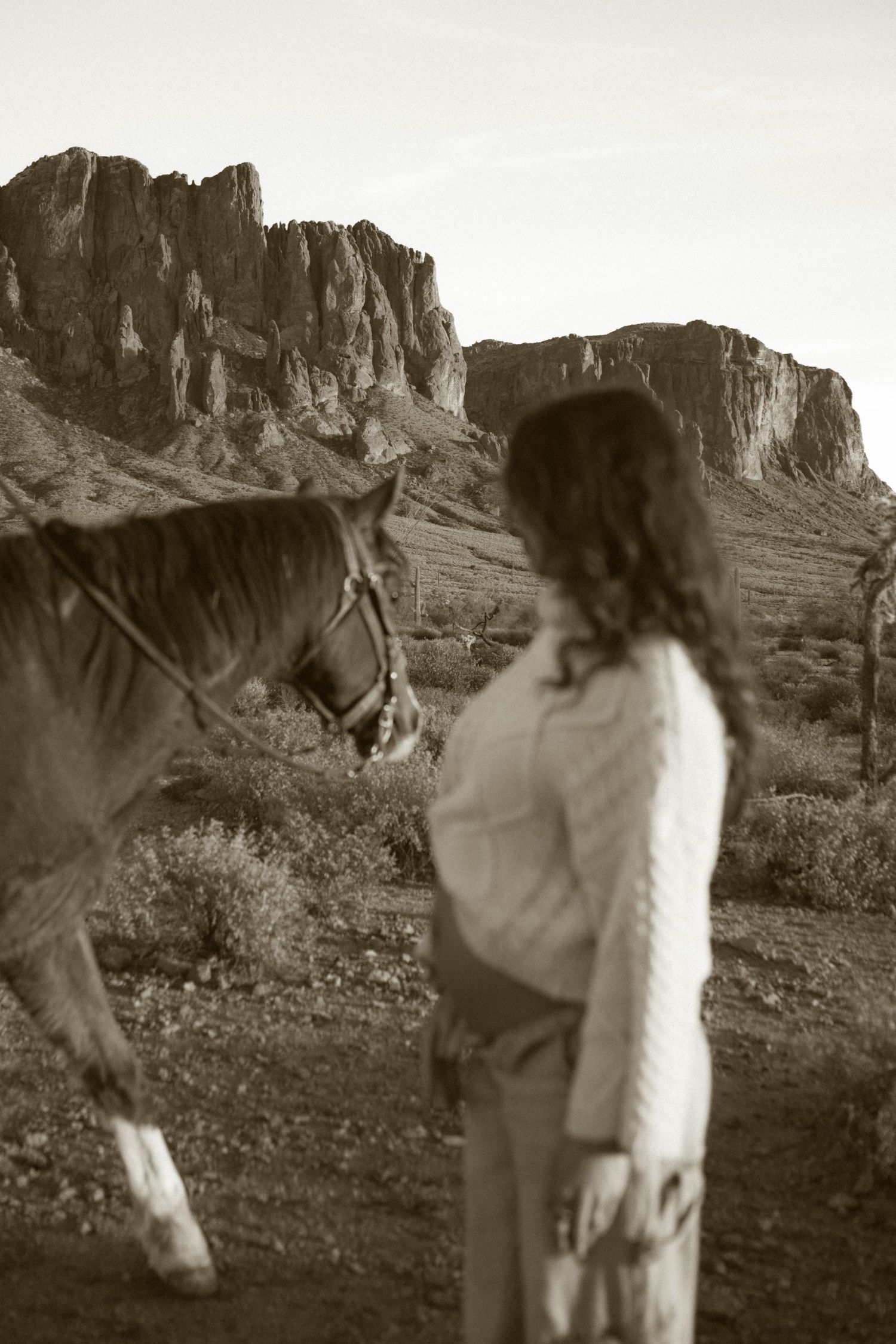 A series of sepia-toned photos showing people walking in front of dramatic desert cliffs and rock formations.