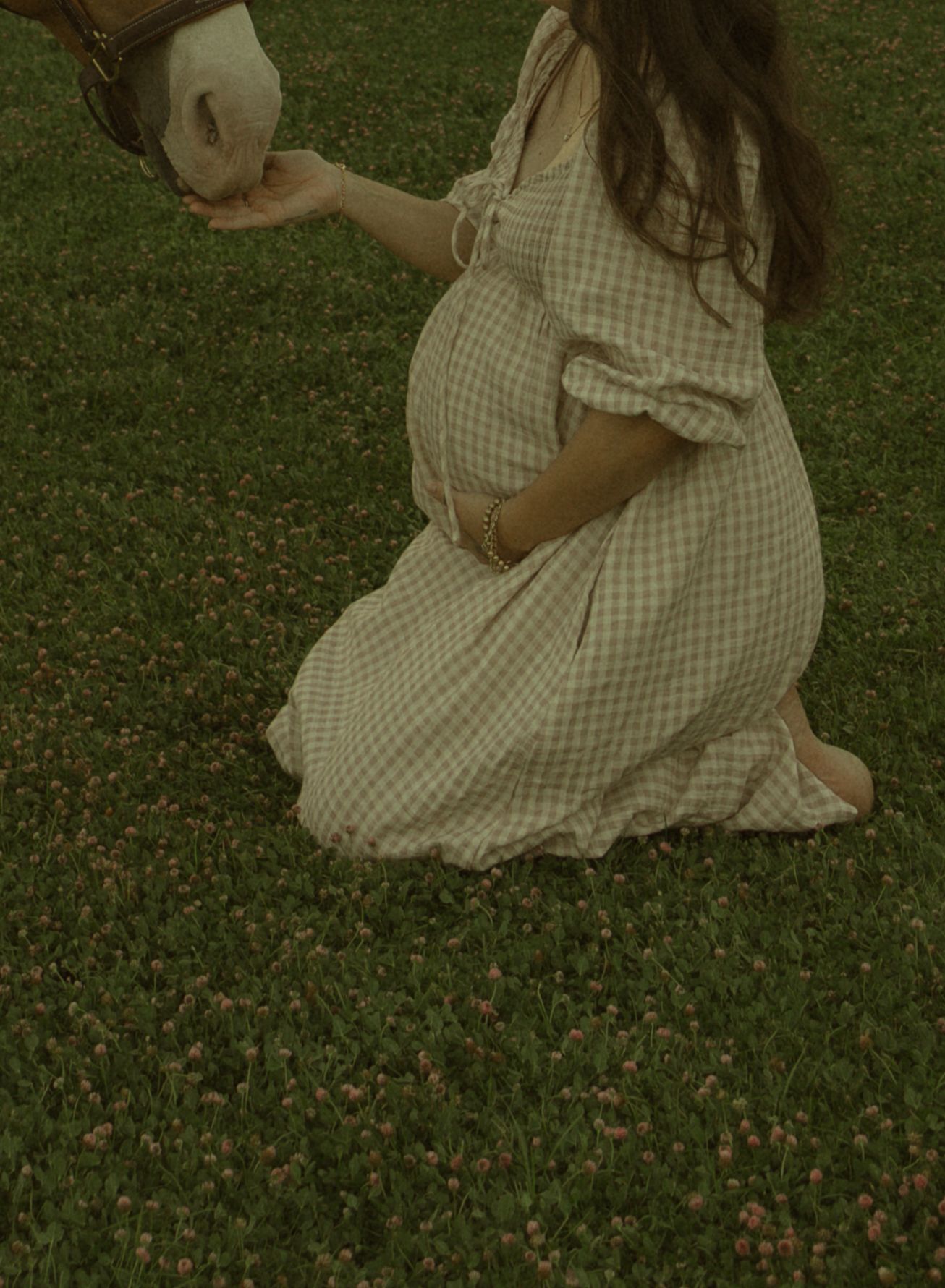 Pregnant woman in plaid dress kneeling on grass, feeding a horse by hand in a serene outdoor setting.