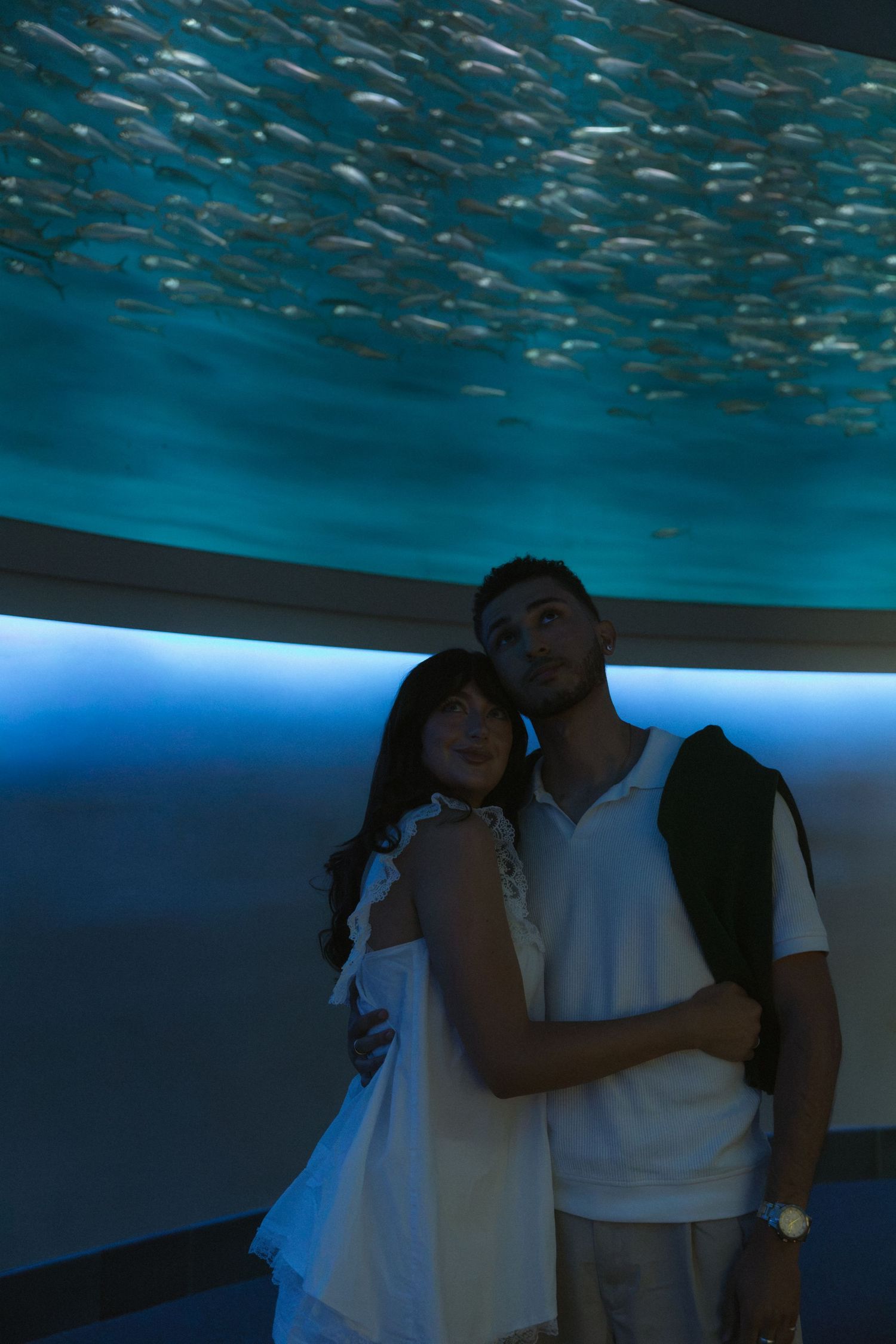 Couple embracing under a stunning aquarium ceiling display with schools of fish in blue light.