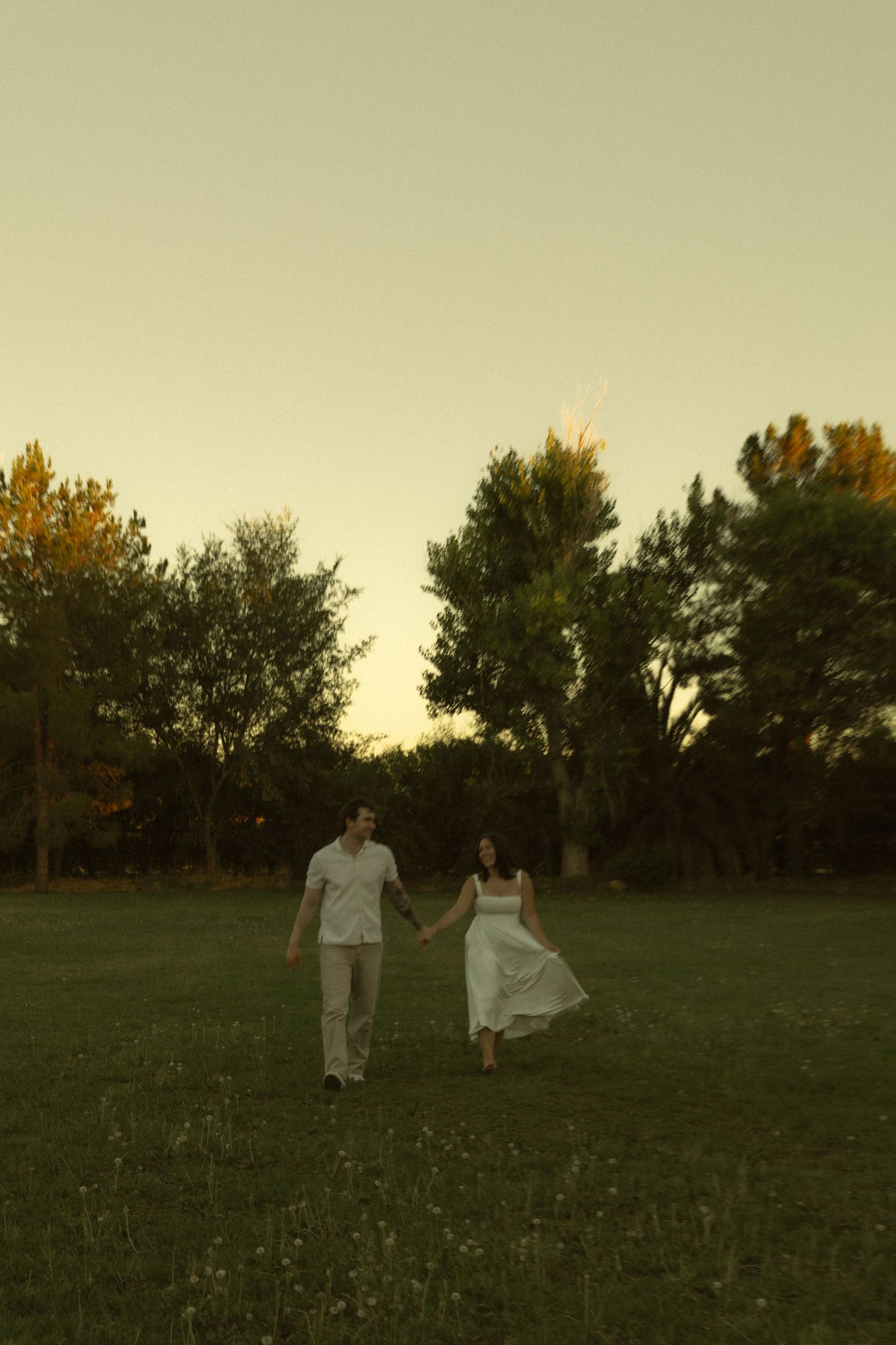 Couple walking hand in hand across a green meadow at sunset surrounded by trees in warm evening light.