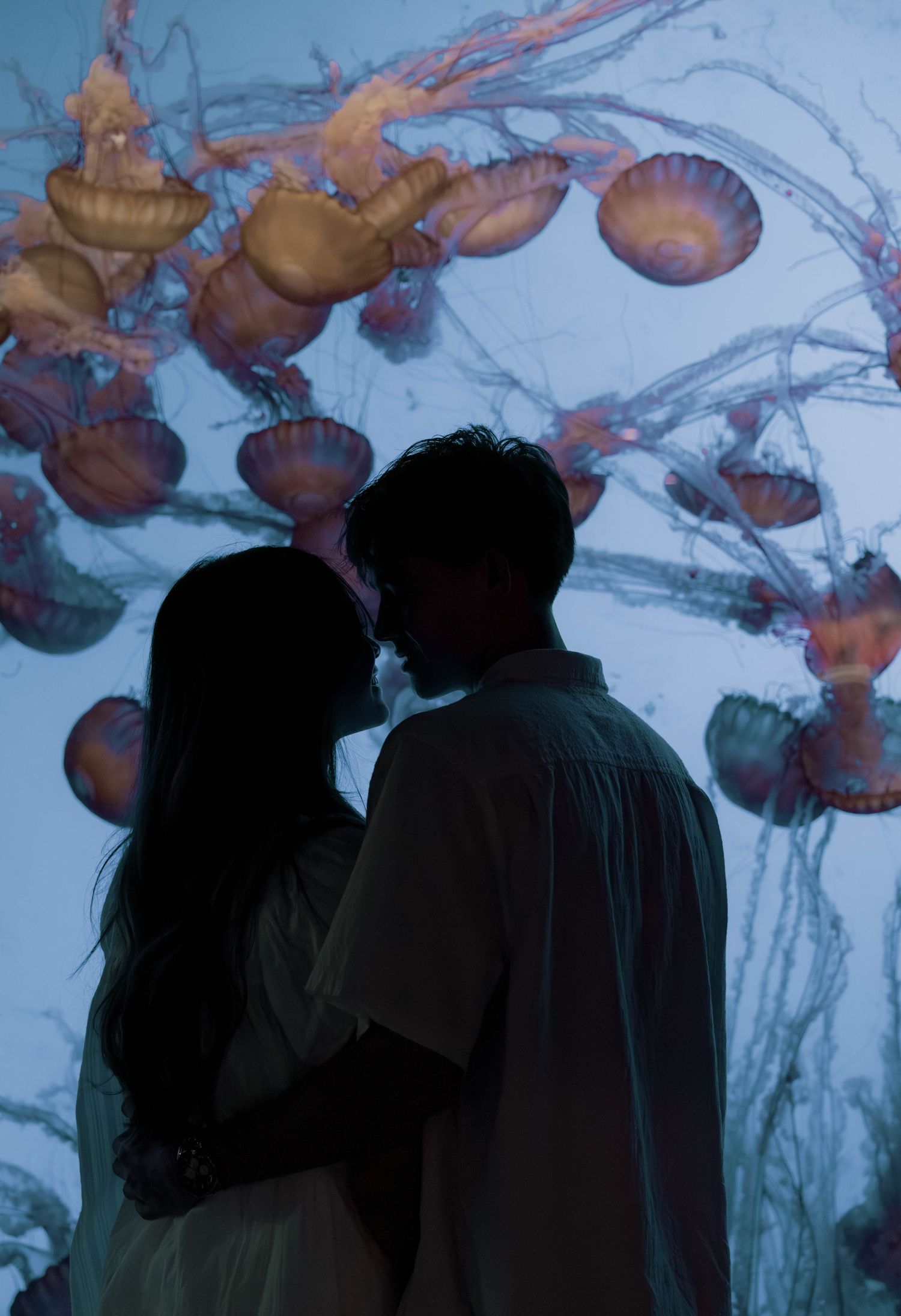Silhouetted figures gaze at illuminated orange jellyfish floating in a large aquarium display.