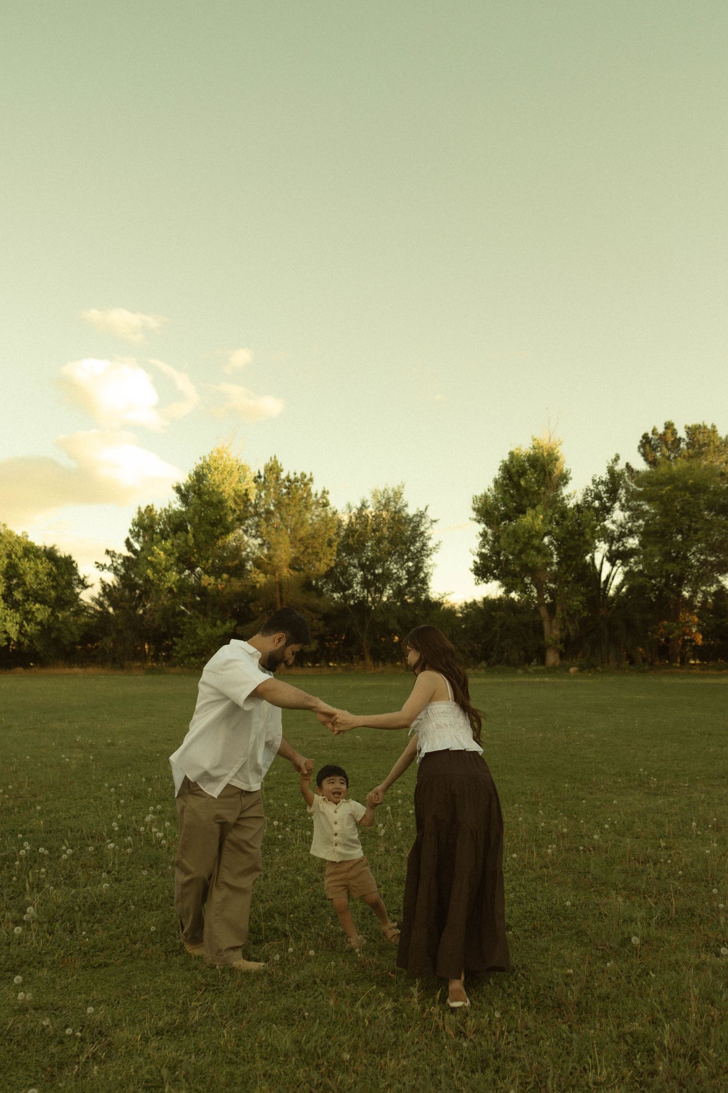 Family of three holding hands in a green park at golden hour sunset with trees in background.