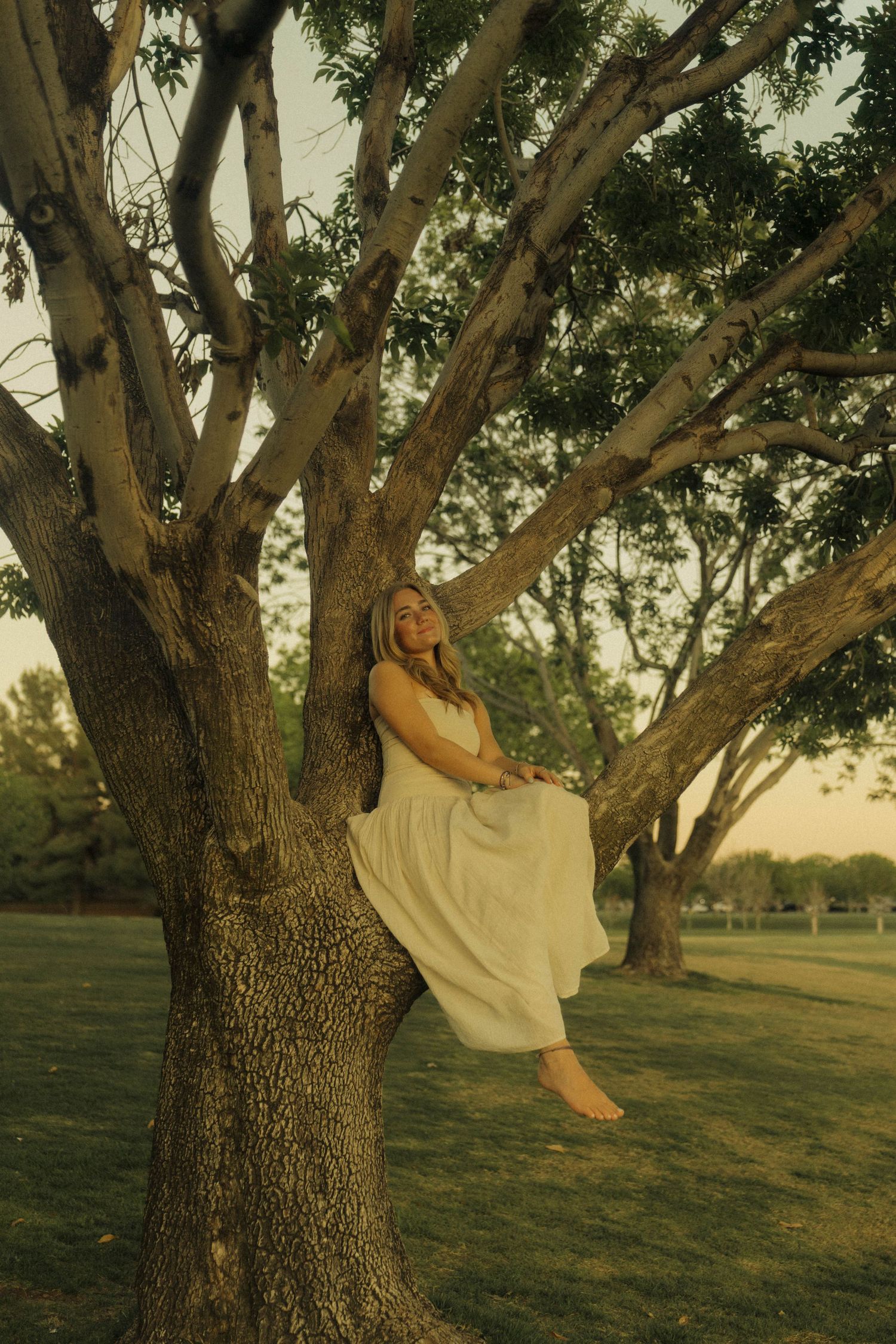 Smiling blonde woman in white dress leaning against a large tree in golden hour light.