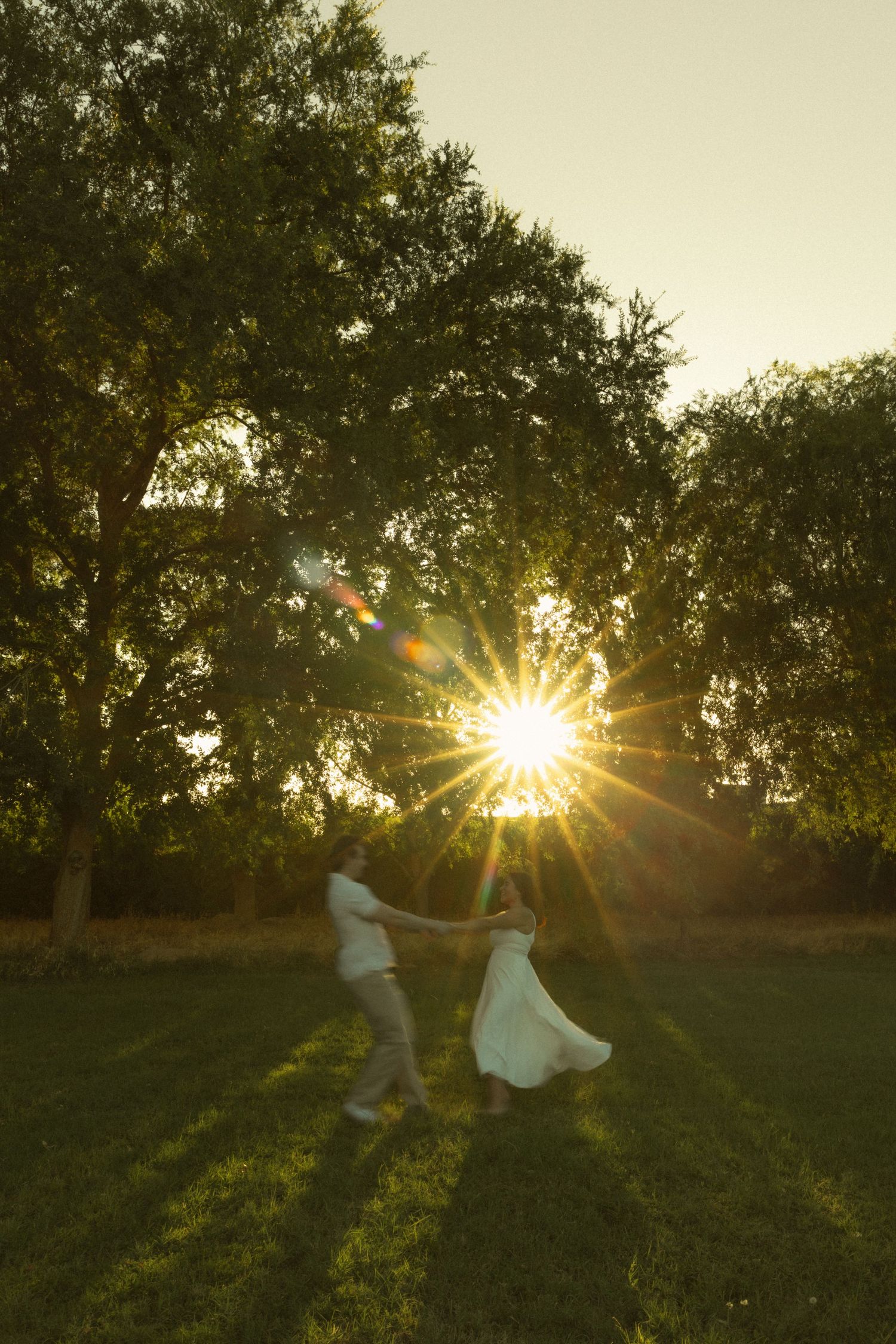 Couple dancing in a sunlit field at golden hour with trees and lens flare in the background.