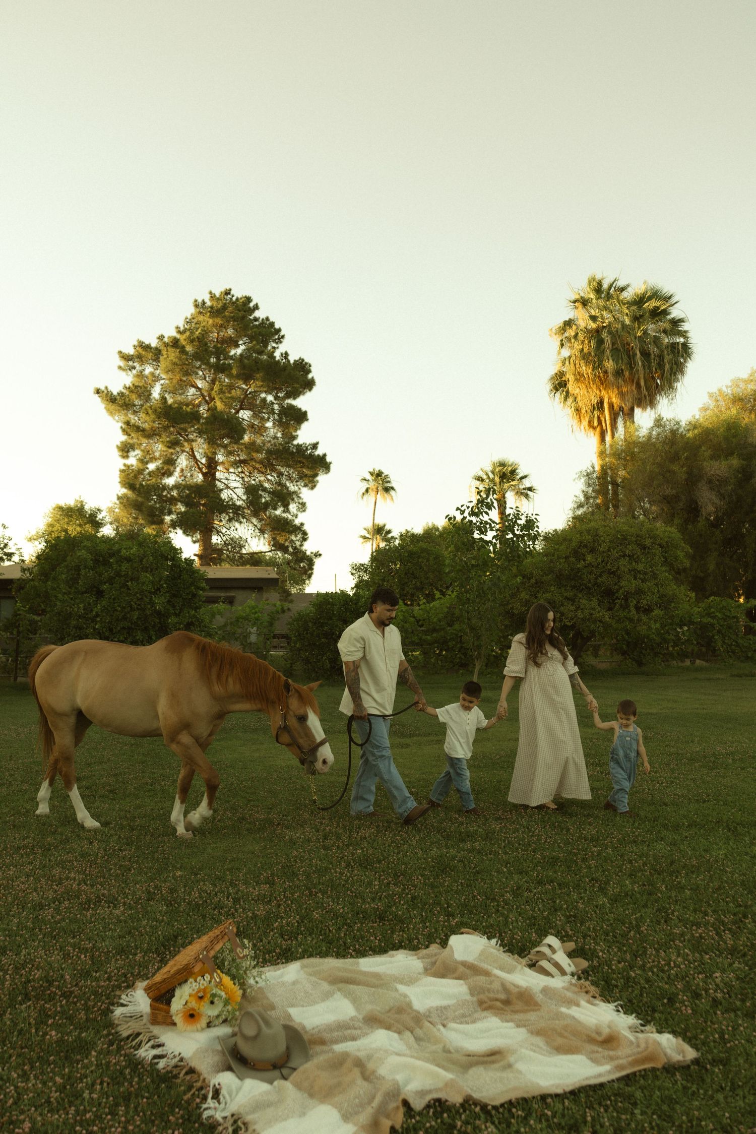 Family walking with brown horse on green lawn at sunset, picnic blanket with flowers in foreground.