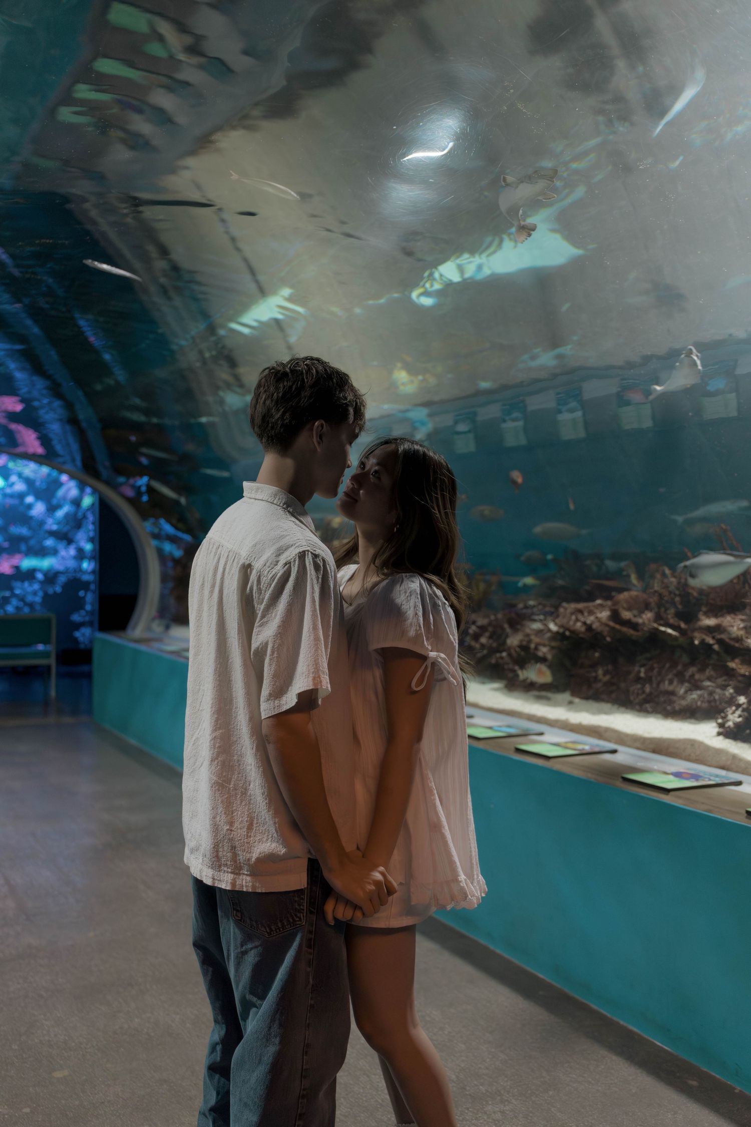 A couple stands close together viewing marine life in an illuminated aquarium tunnel.