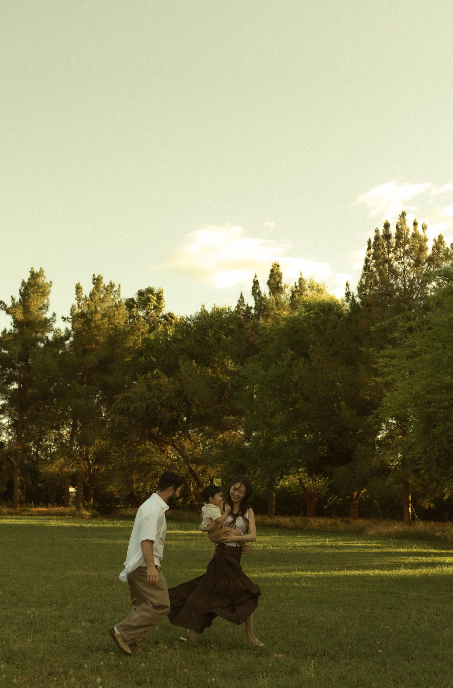 A couple walks hand-in-hand across a lush green park at golden hour, with tall trees glowing in warm sunlight behind them.