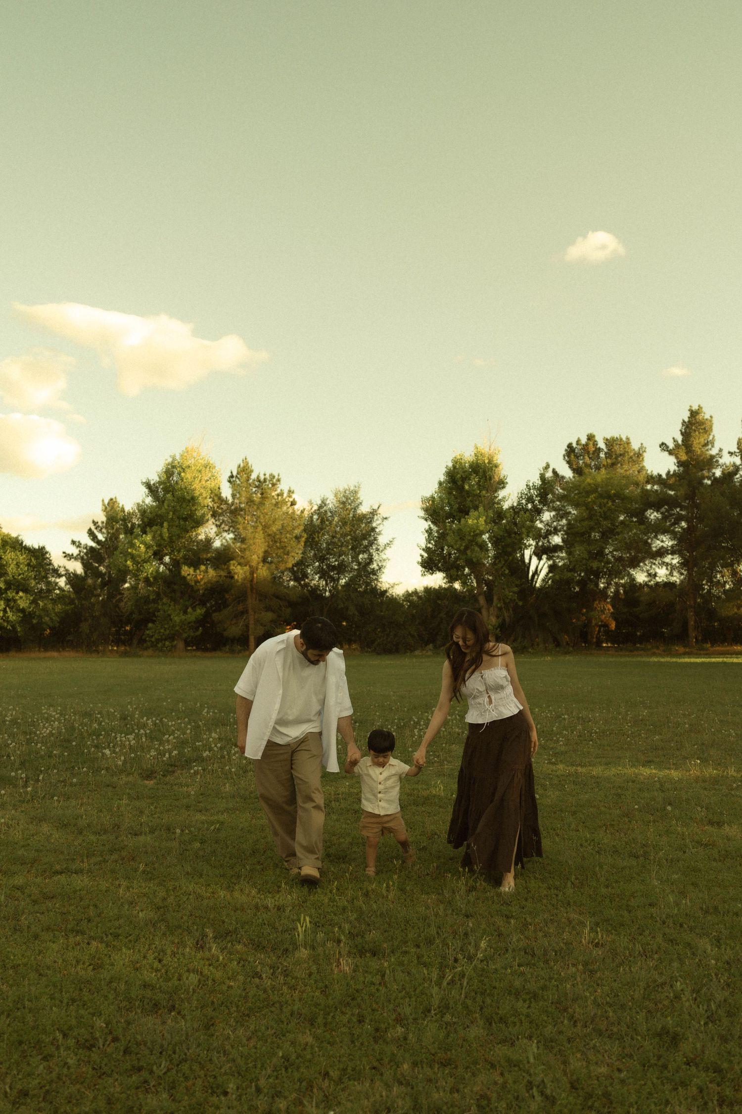 Family of three walking hand-in-hand through a green meadow at sunset, with trees in the background.