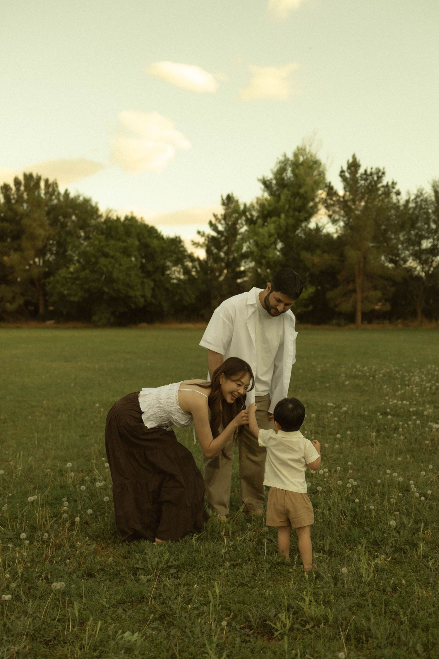 A young family with a toddler enjoying a sunny day in a green meadow with trees in the background.