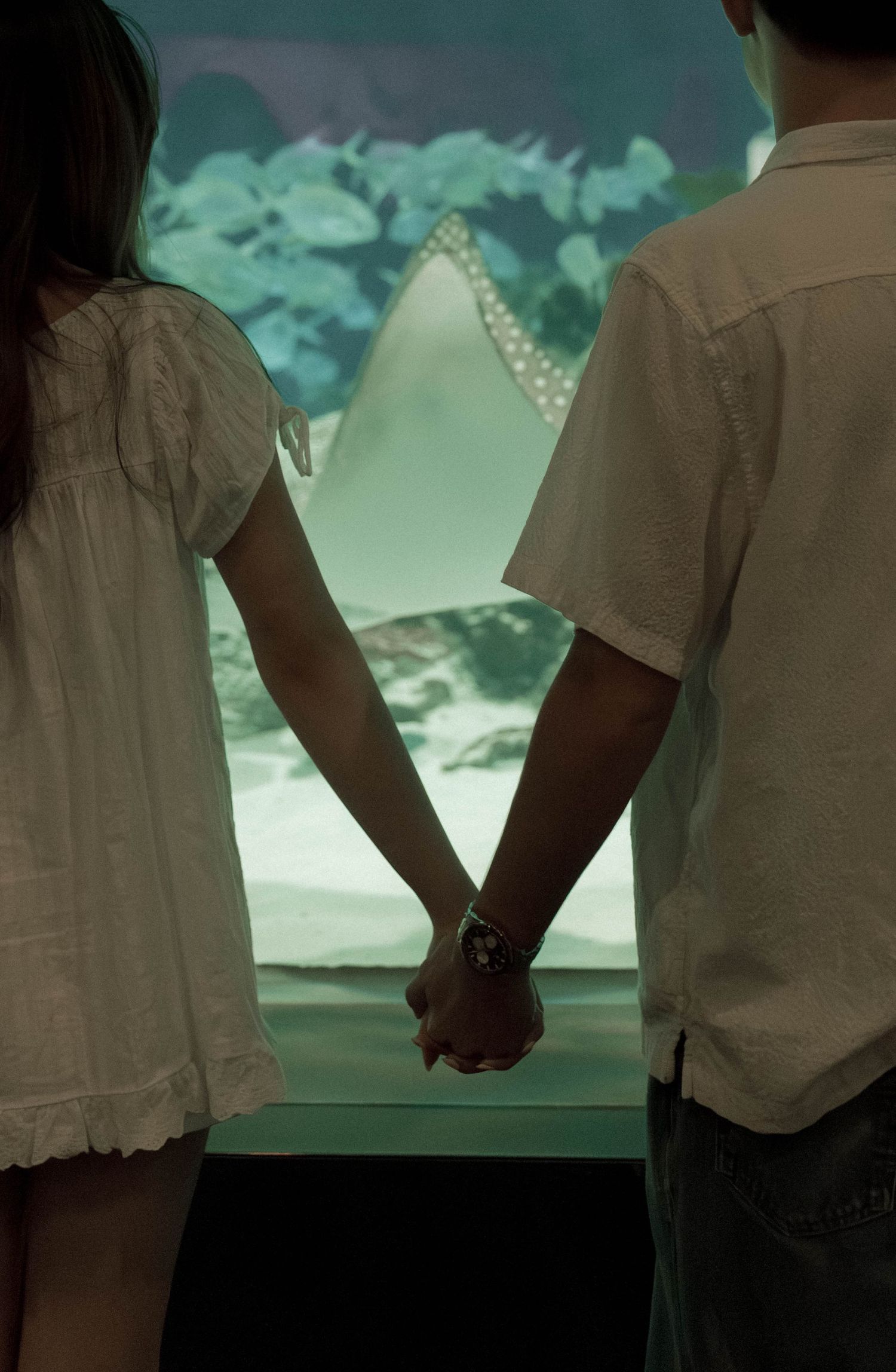 Two people hold hands while viewing an aquarium display.