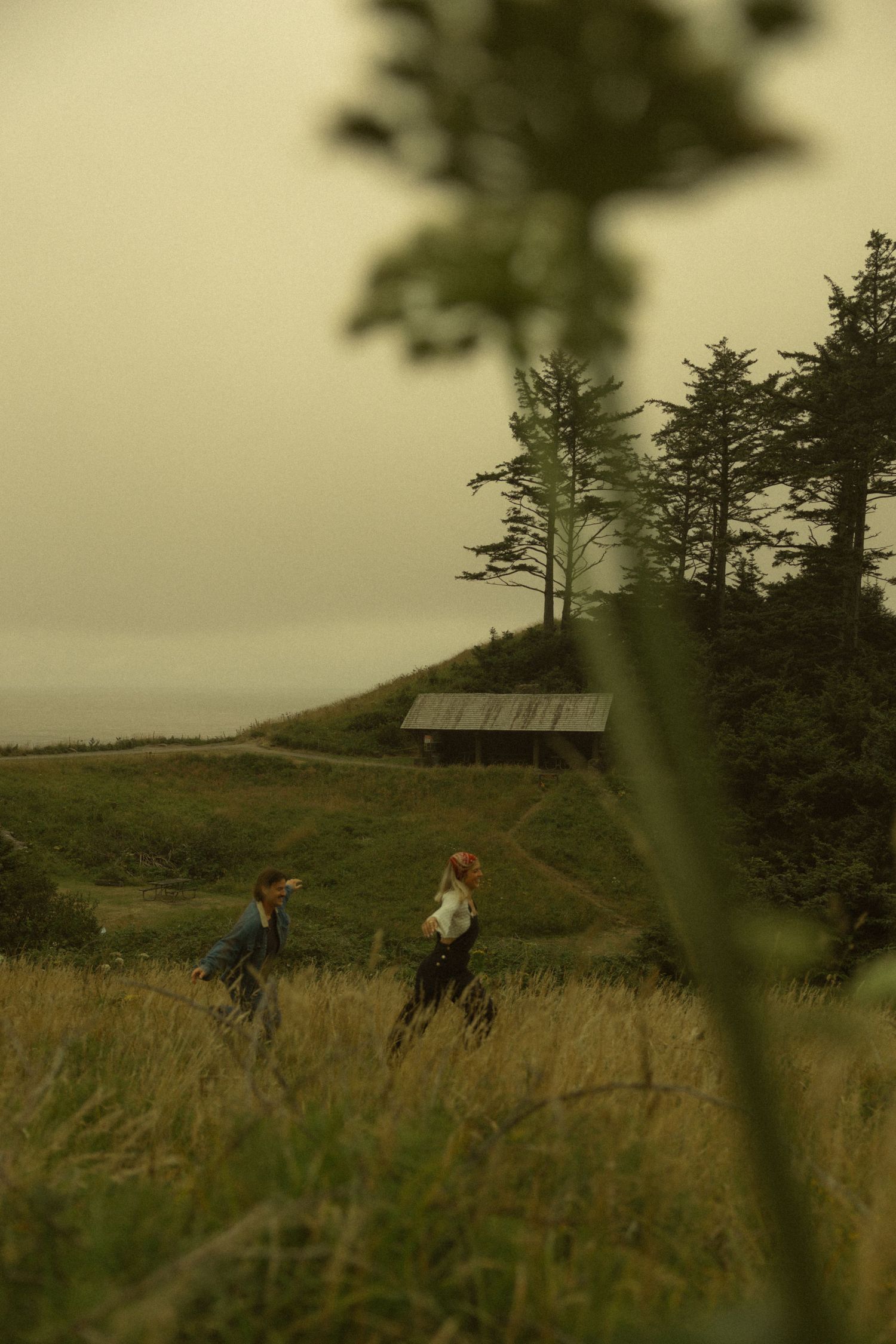 Two people walking through golden meadow grass near rustic cabin with ocean view on overcast day.