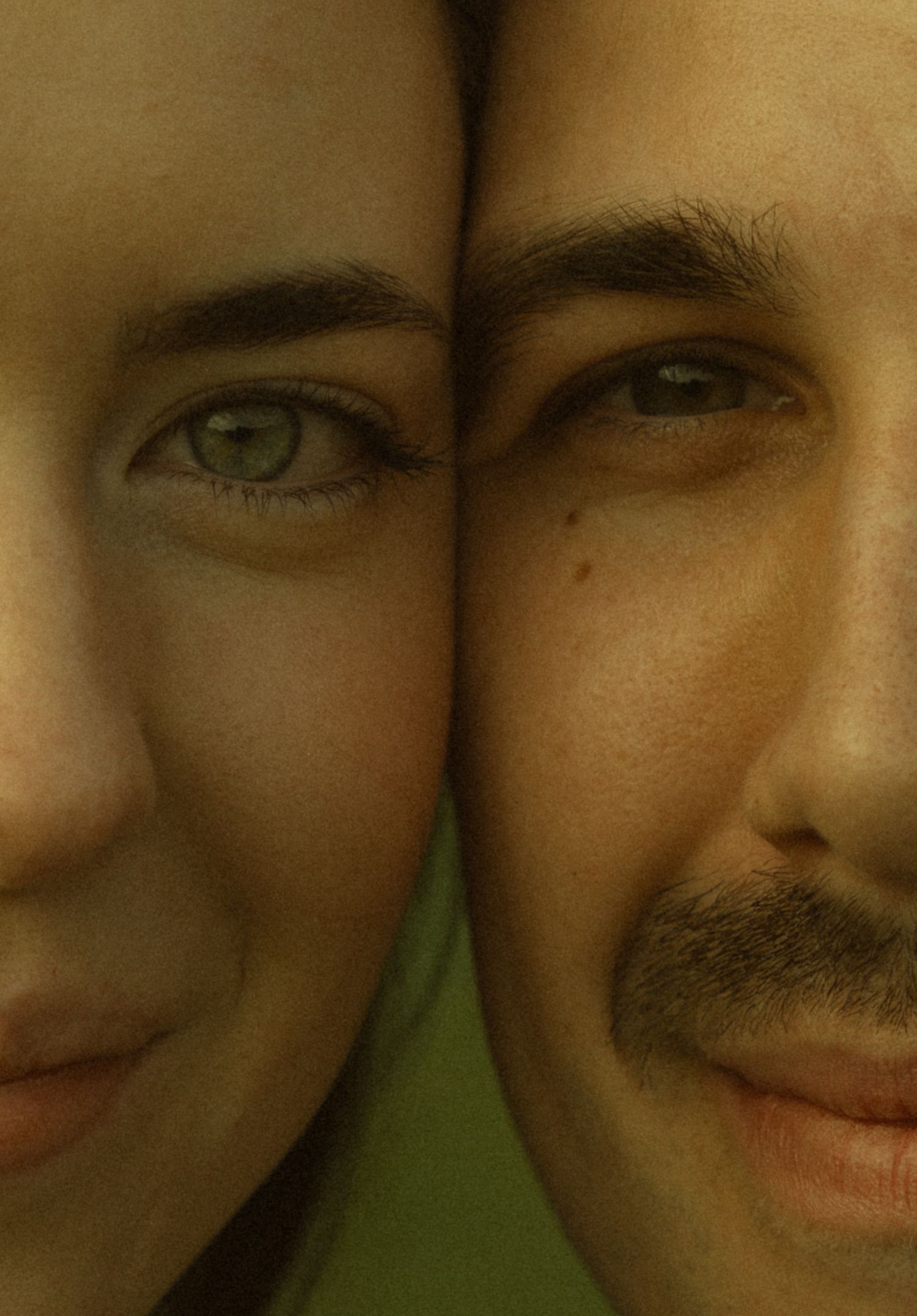 Close-up split portrait of a woman and man with green eyes, fair skin, and a mustache pressed together.