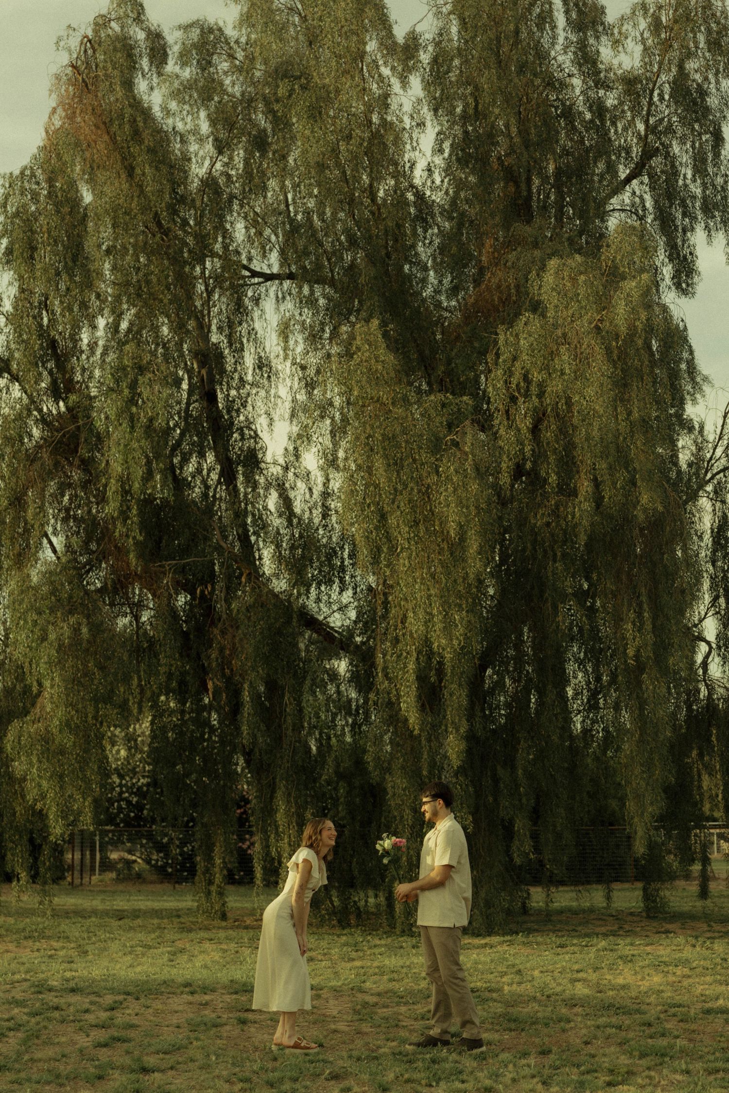 Couple standing under a large weeping willow tree in a green field, man holding flowers for woman in white dress.