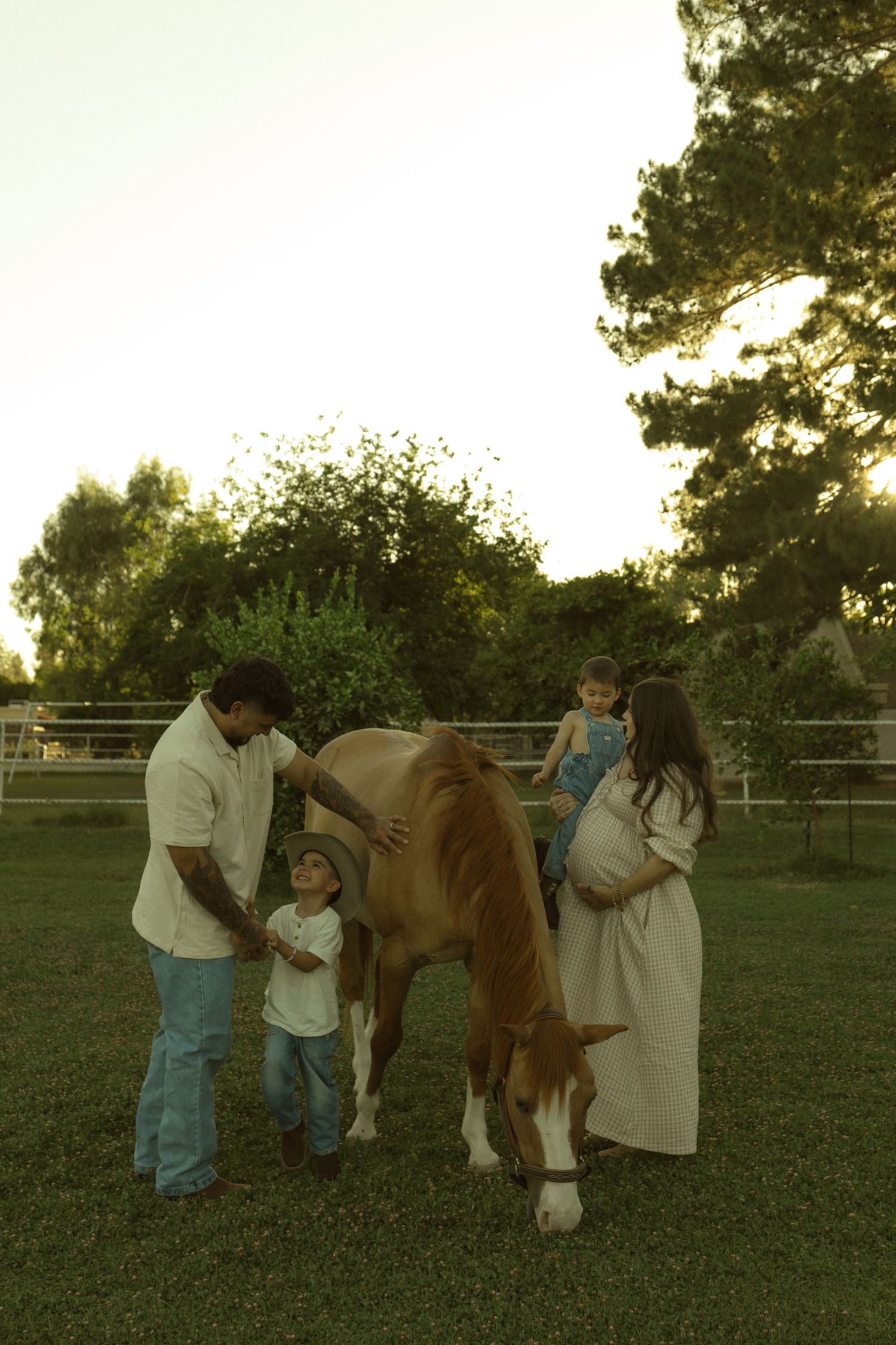 Family with pregnant mother, father, and two children petting a brown horse on a green lawn at sunset.