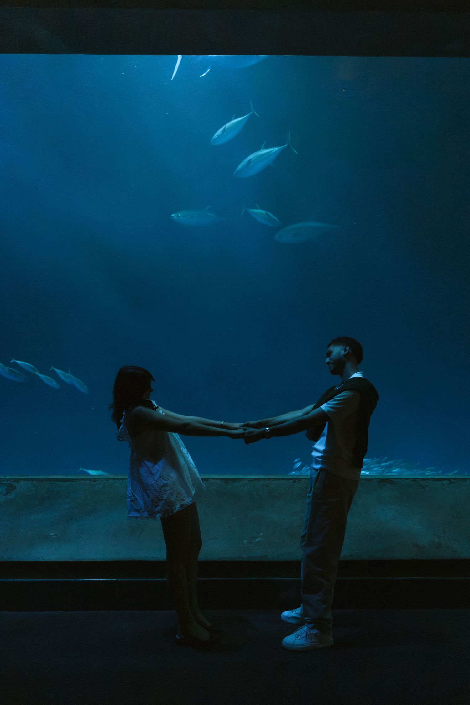 Romantic couple holding hands in front of a large blue aquarium tank with fish swimming overhead.