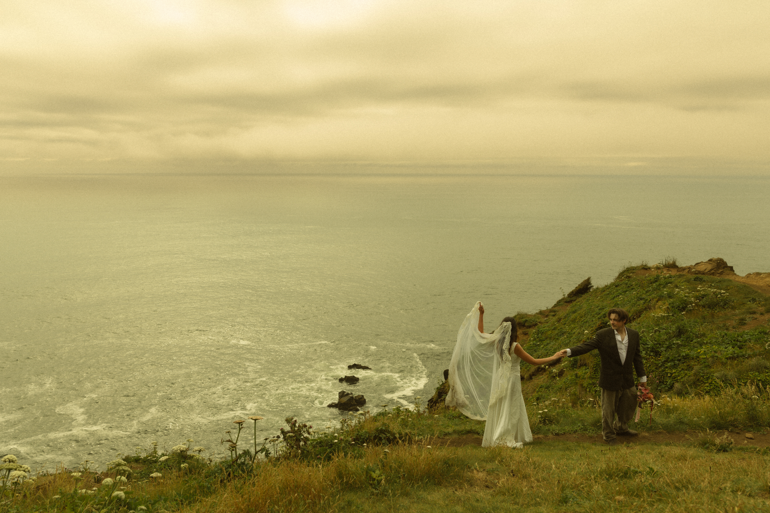 Bride and groom holding hands on a scenic coastal cliff with ocean views and dramatic cloudy sky.