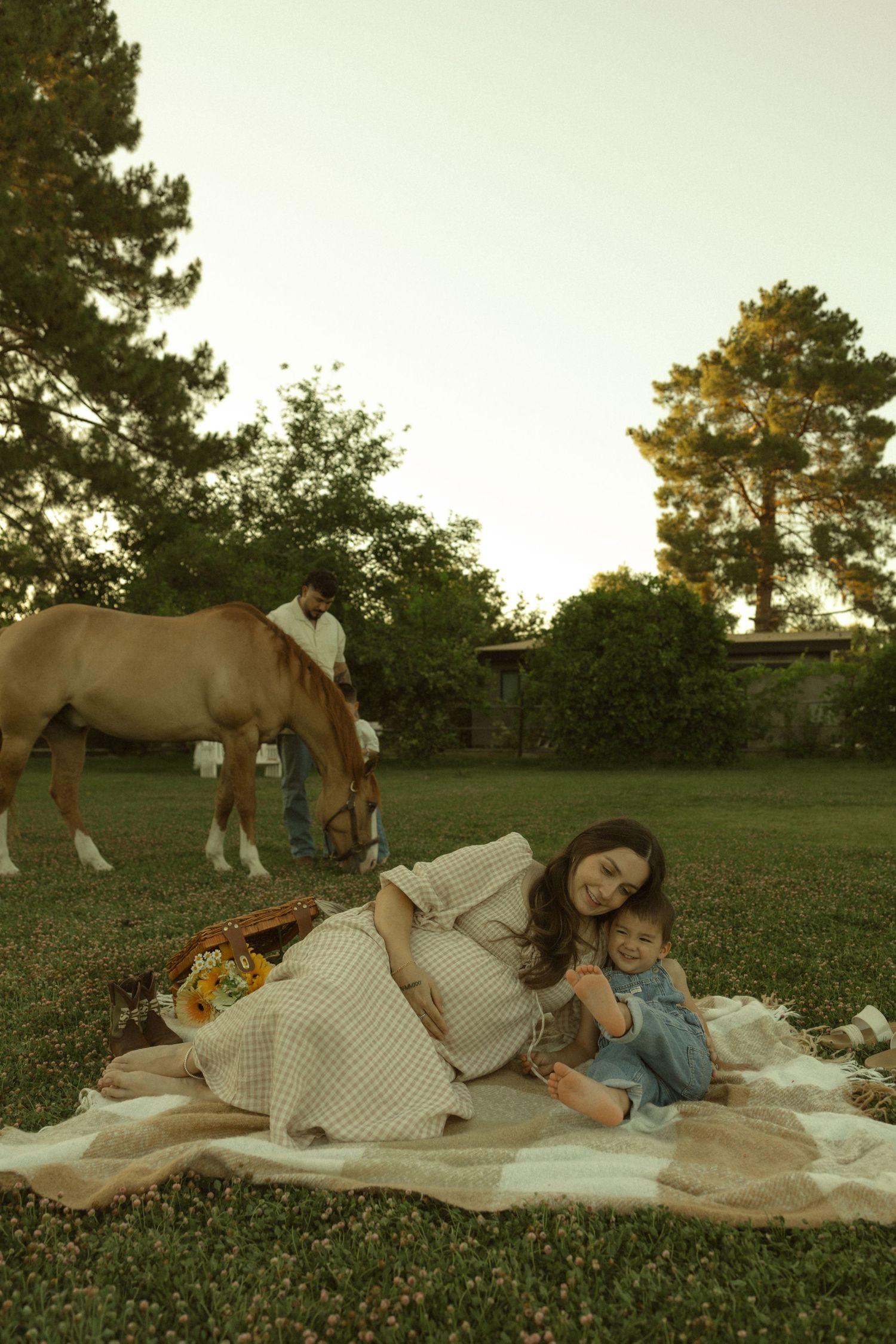 Pregnant mother in gingham dress relaxing on picnic blanket with toddler while man tends to horse at sunset.