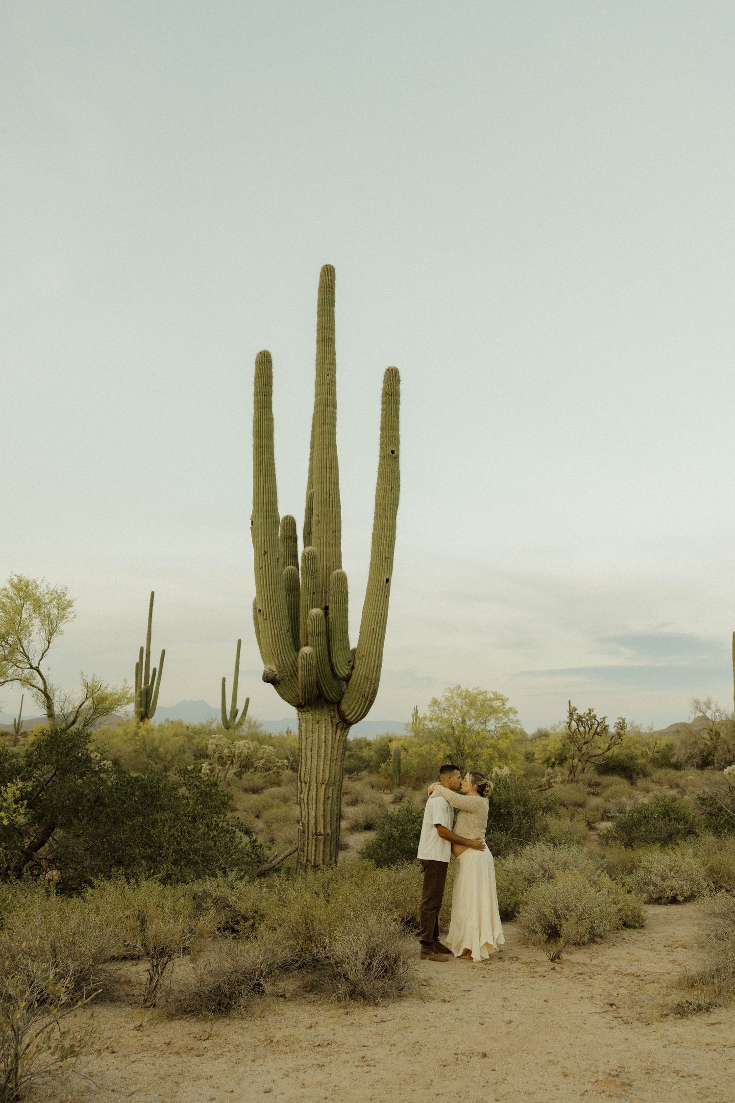 Couple shares romantic kiss beside tall saguaro cactus in Arizona desert landscape.