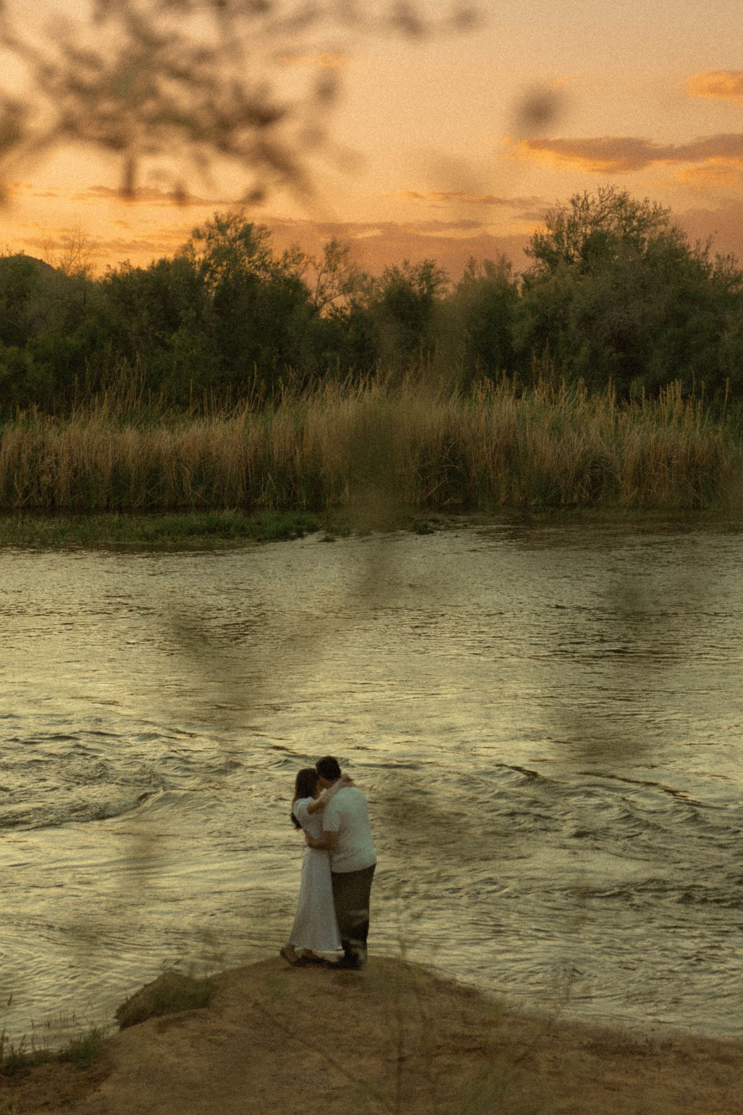 Couple embracing romantically on a riverbank at golden sunset with lush green trees and tall reeds in background.