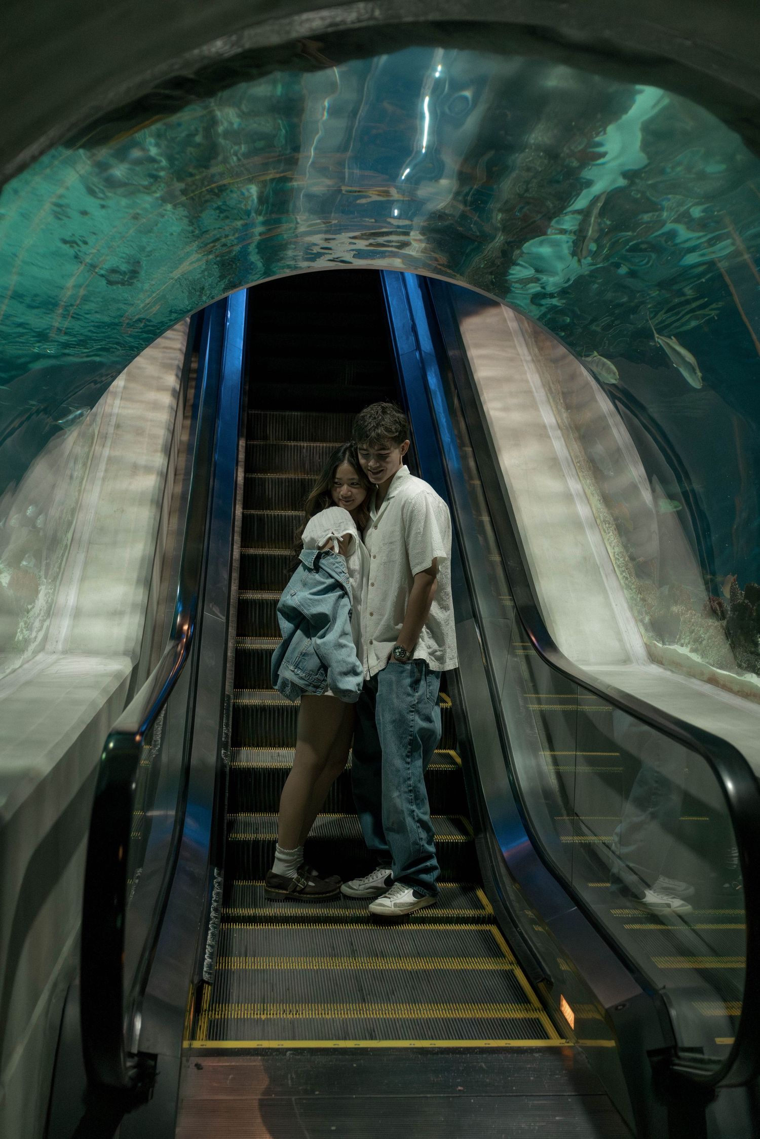 Moving escalator in a tunnel with curved glass walls and blue lighting creates a futuristic atmosphere.