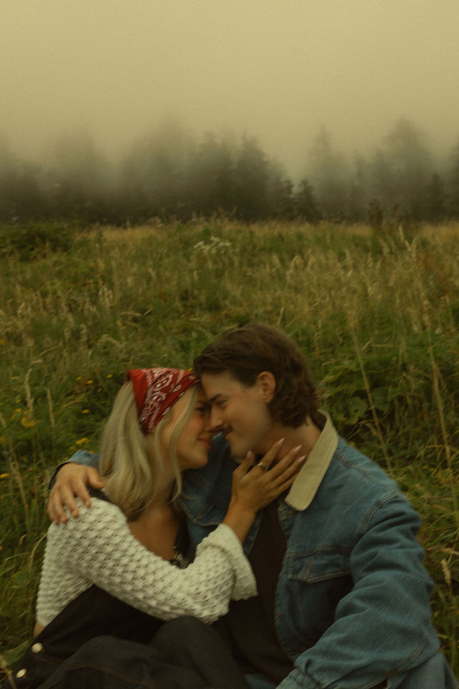 A couple sits in a misty meadow, foreheads touching romantically, surrounded by tall grass and foggy pine trees.
