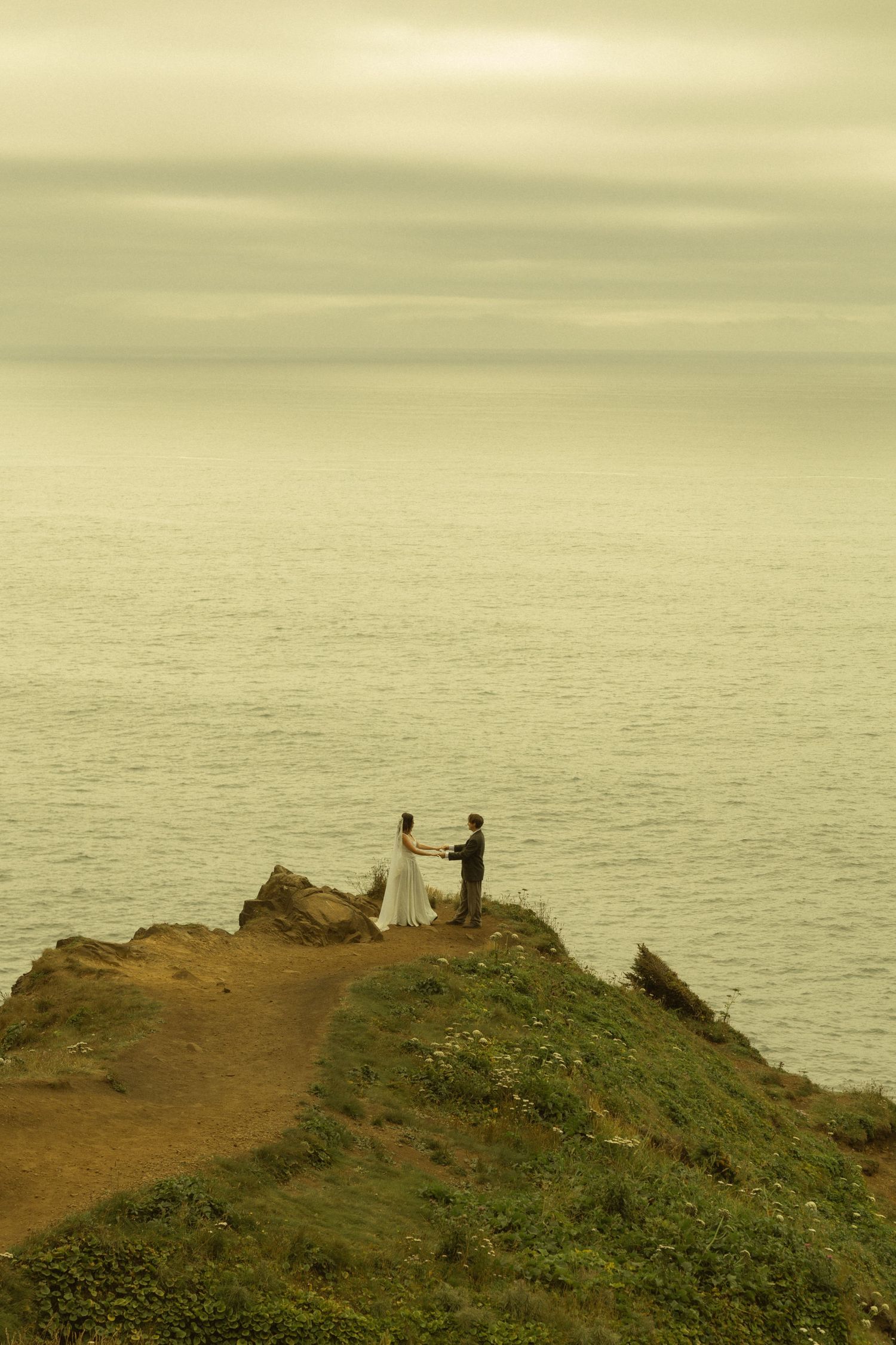 Bride and groom holding hands on a rocky coastal cliff overlooking a calm ocean under overcast skies.