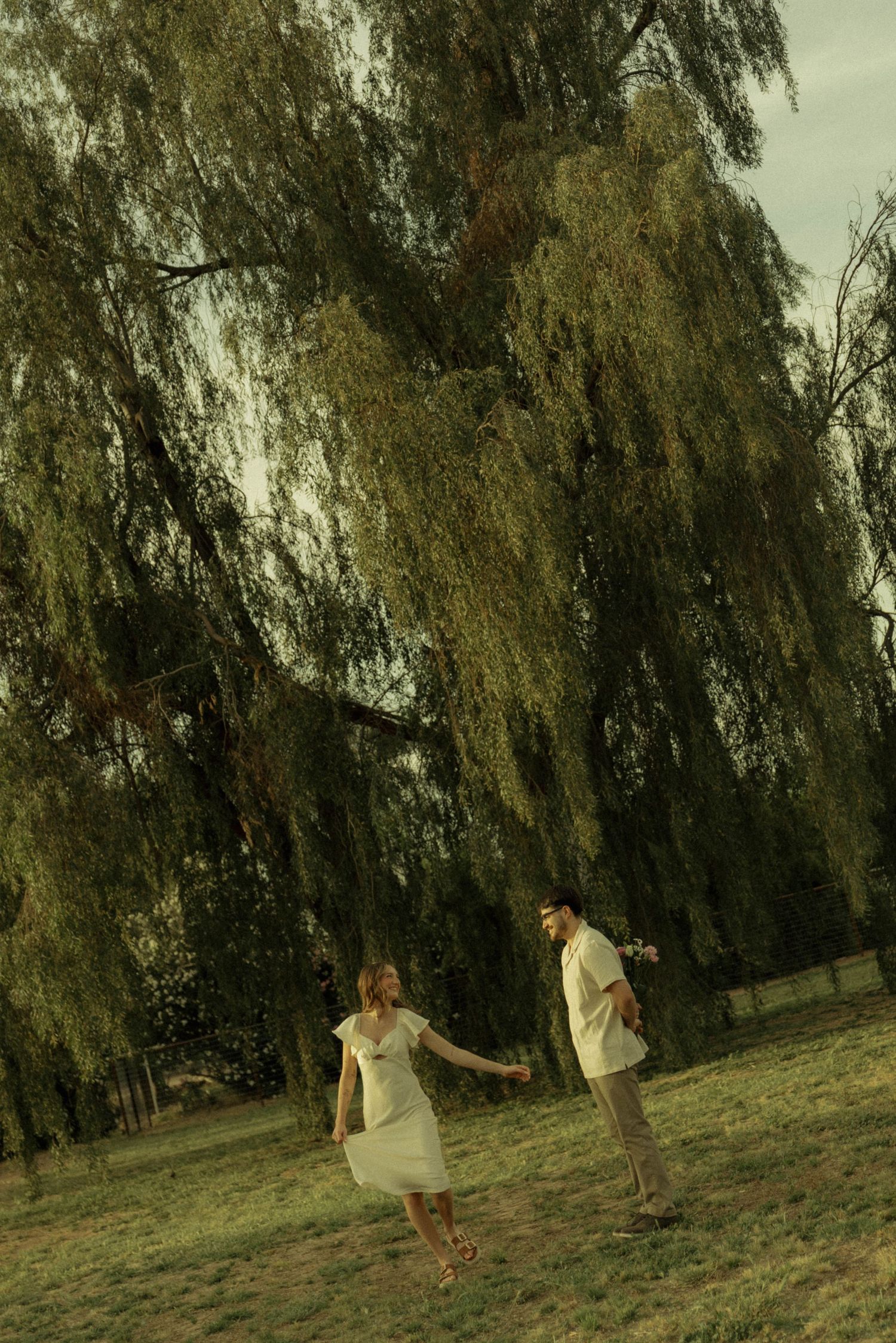 Couple holding hands under a weeping willow tree in a lush green park during golden hour.