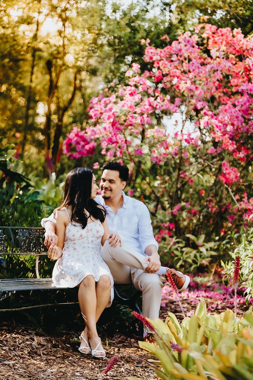 Couple sitting on bench surrounded by blooming pink azalea flowers in a sunny garden setting with golden light.