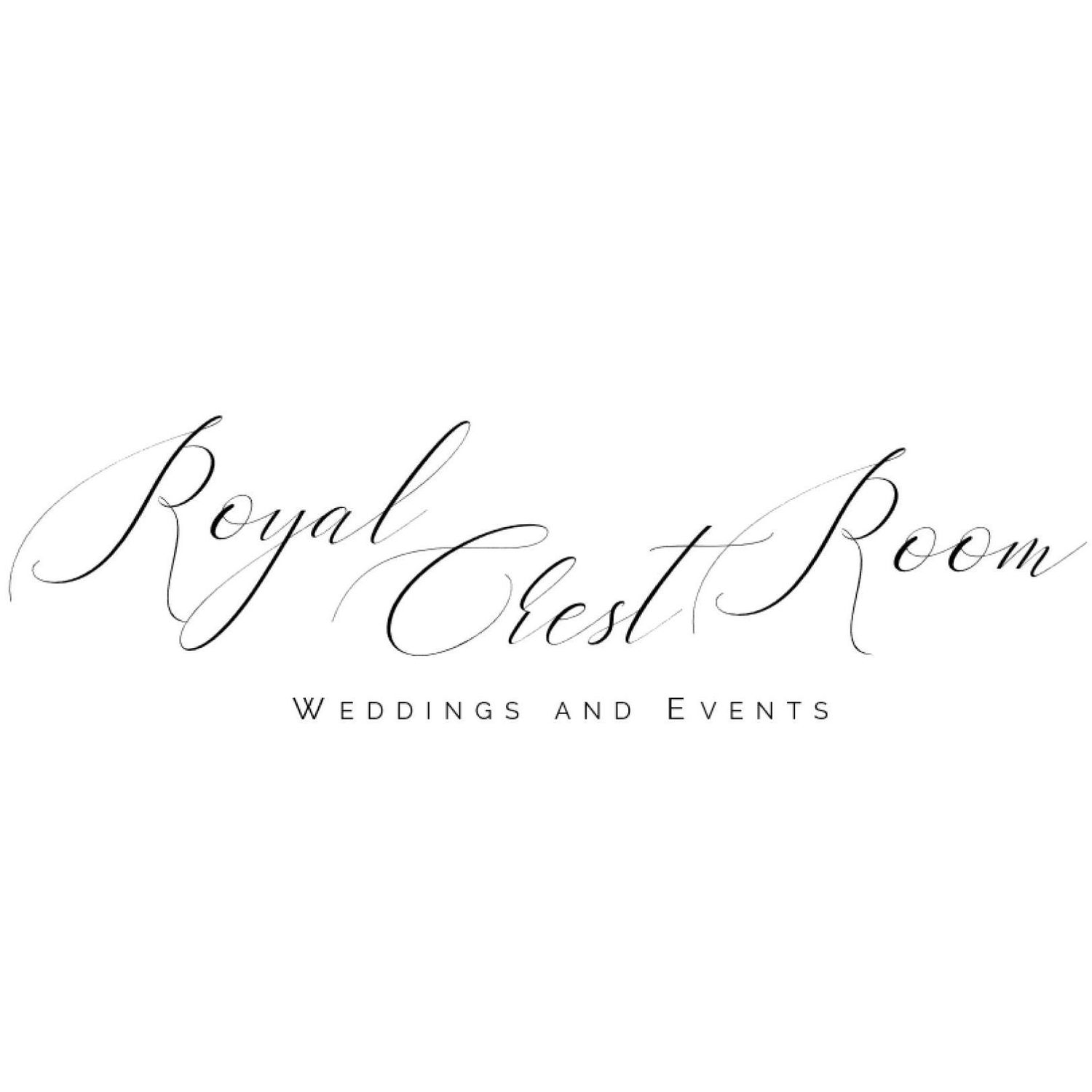 Elegant black script logo for Royal Crest Room weddings and events venue written in calligraphy style.