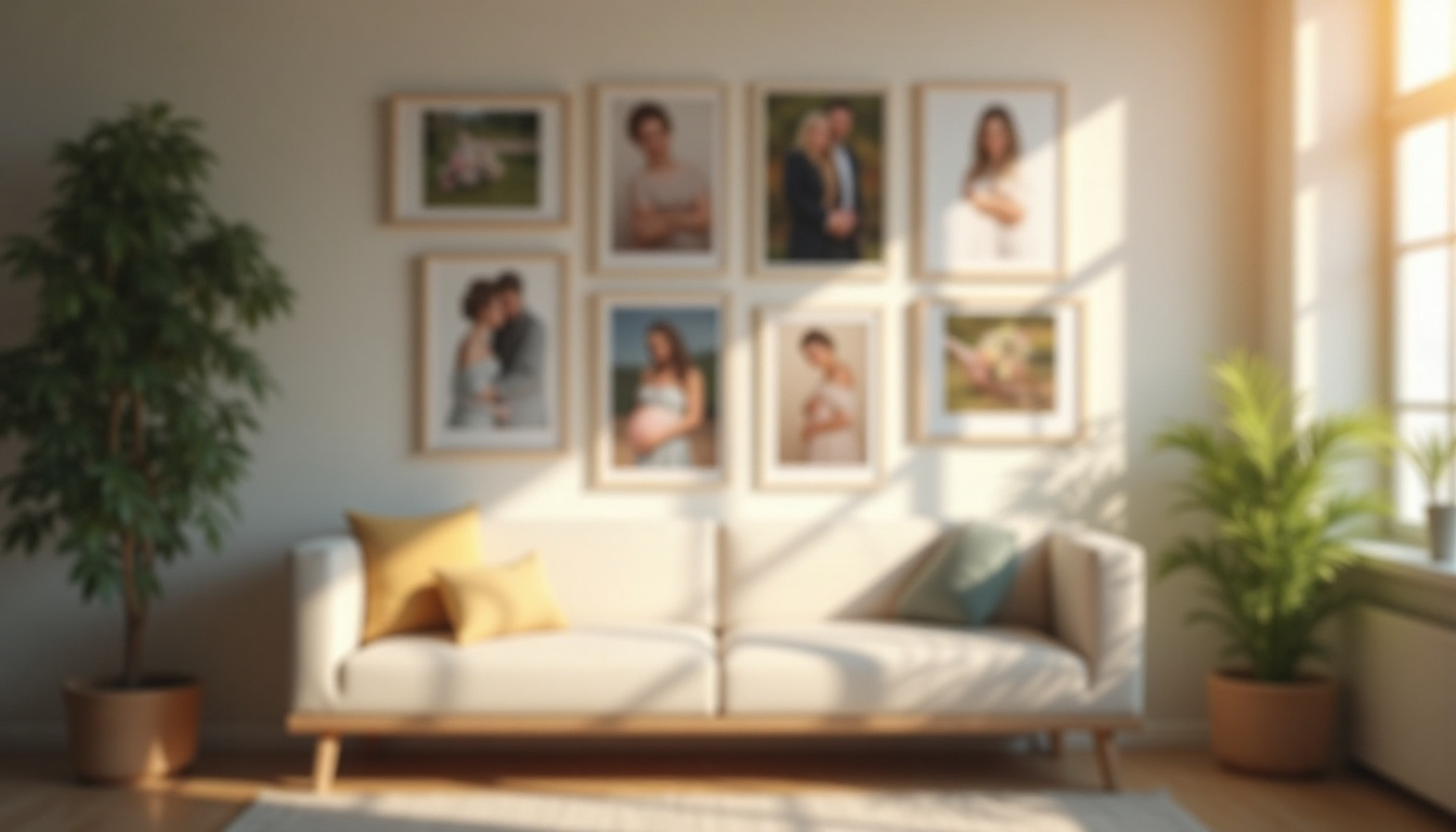 A cozy living room with a white sofa, potted plants, and framed portraits arranged on a warm-lit wall.