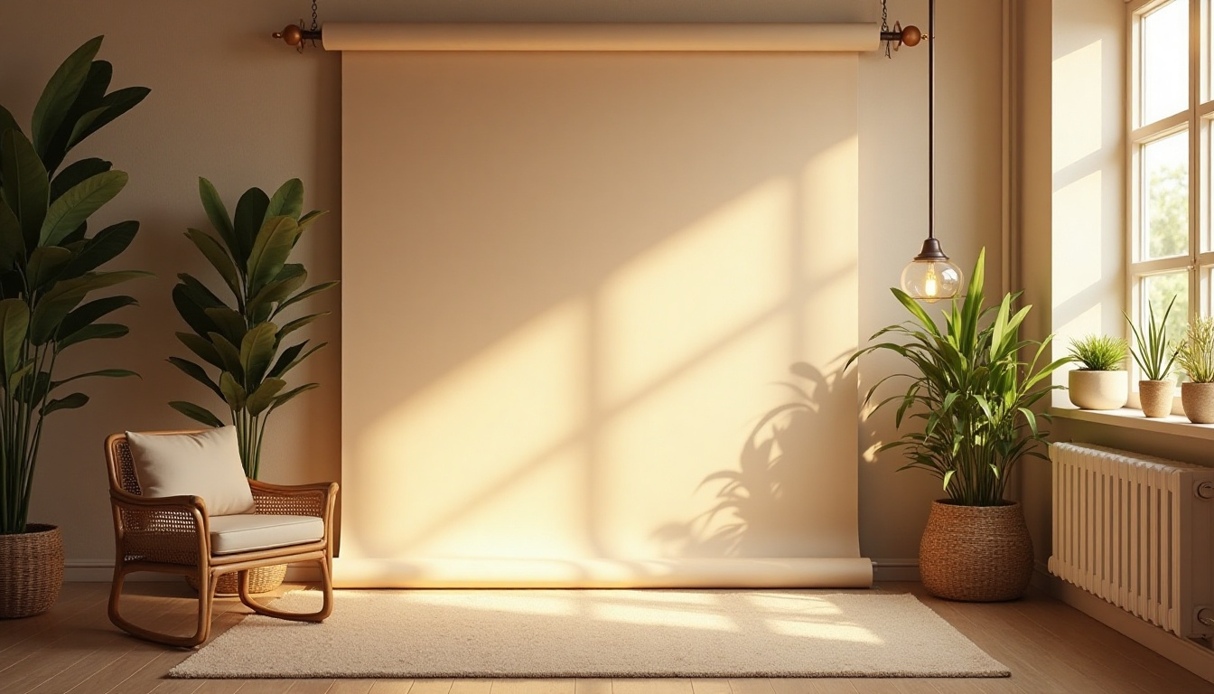 Minimalist interior room with beige walls, wooden roller shade, potted plants and sunlight casting geometric shadows.