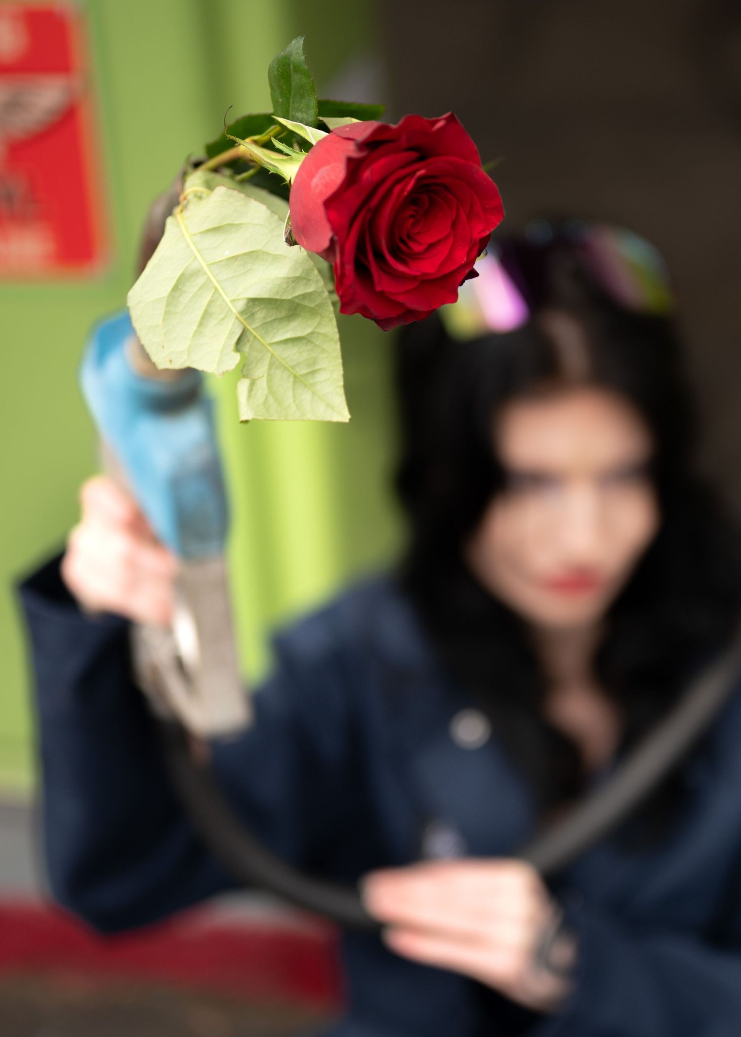 Red rose held against green background with figure in blue clothing visible in soft focus. Portland, Oregon. Creative portfolio.