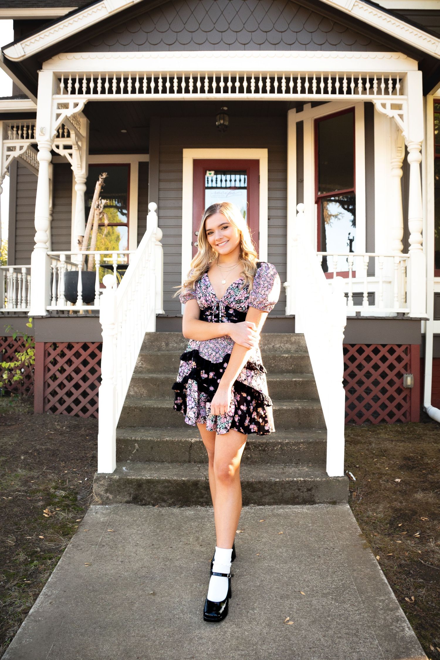 Stylish photo sequence showing poses on a concrete walkway under a covered porch.