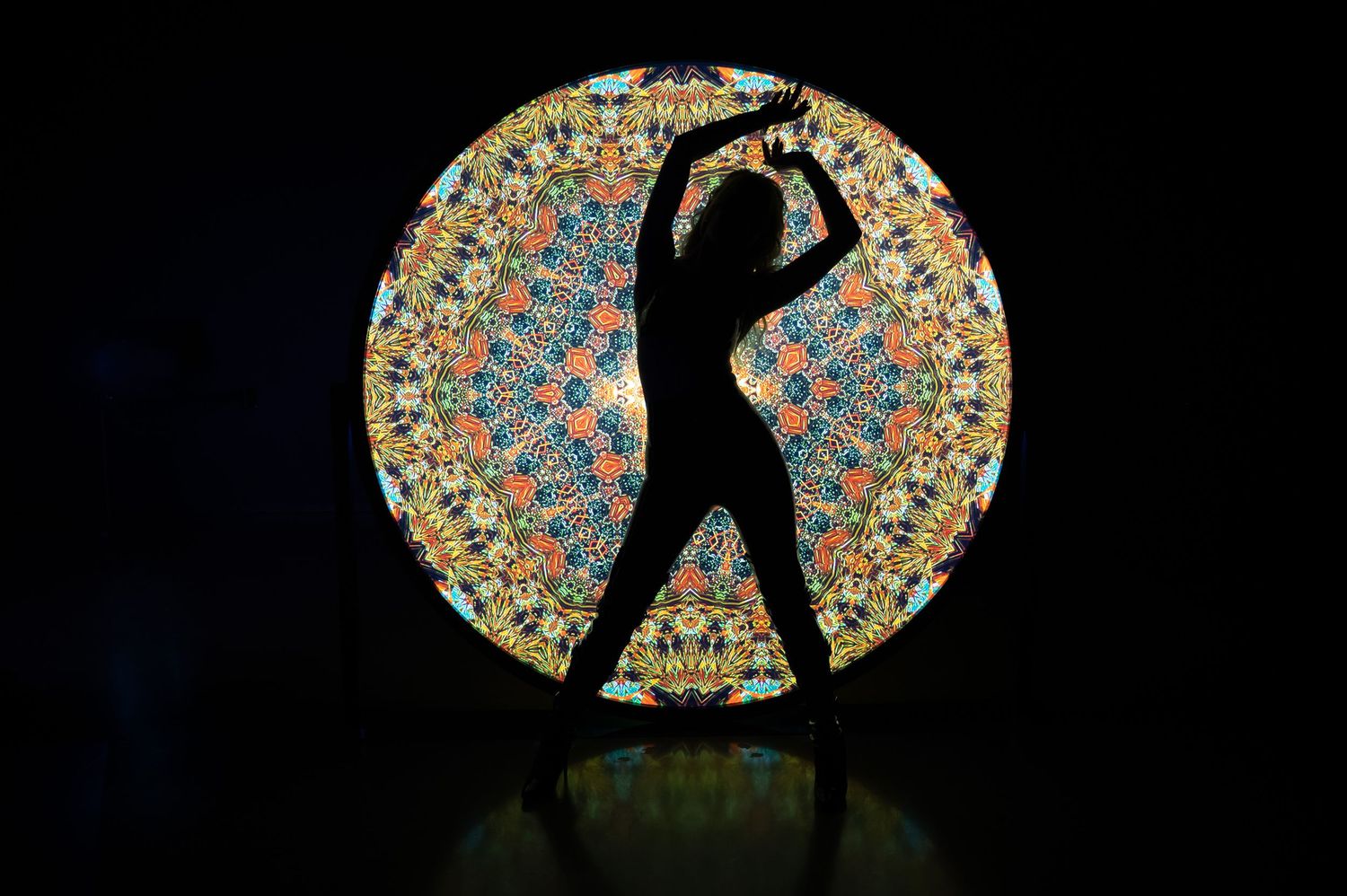 Silhouette figure against circular patterned backdrop with colorful mosaic design in sequence. Hopscotch. Portrait Slam.
