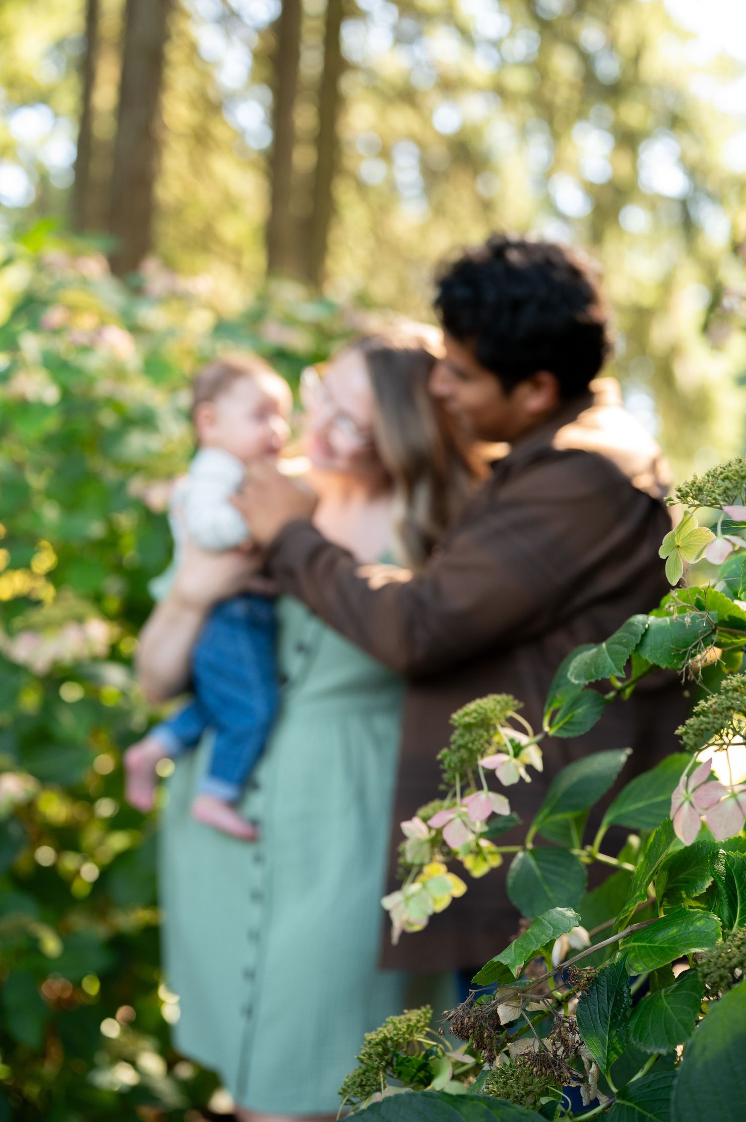 Artistic family portrait through leaves with soft focus background. Family session. Portrait photography. Oregon.