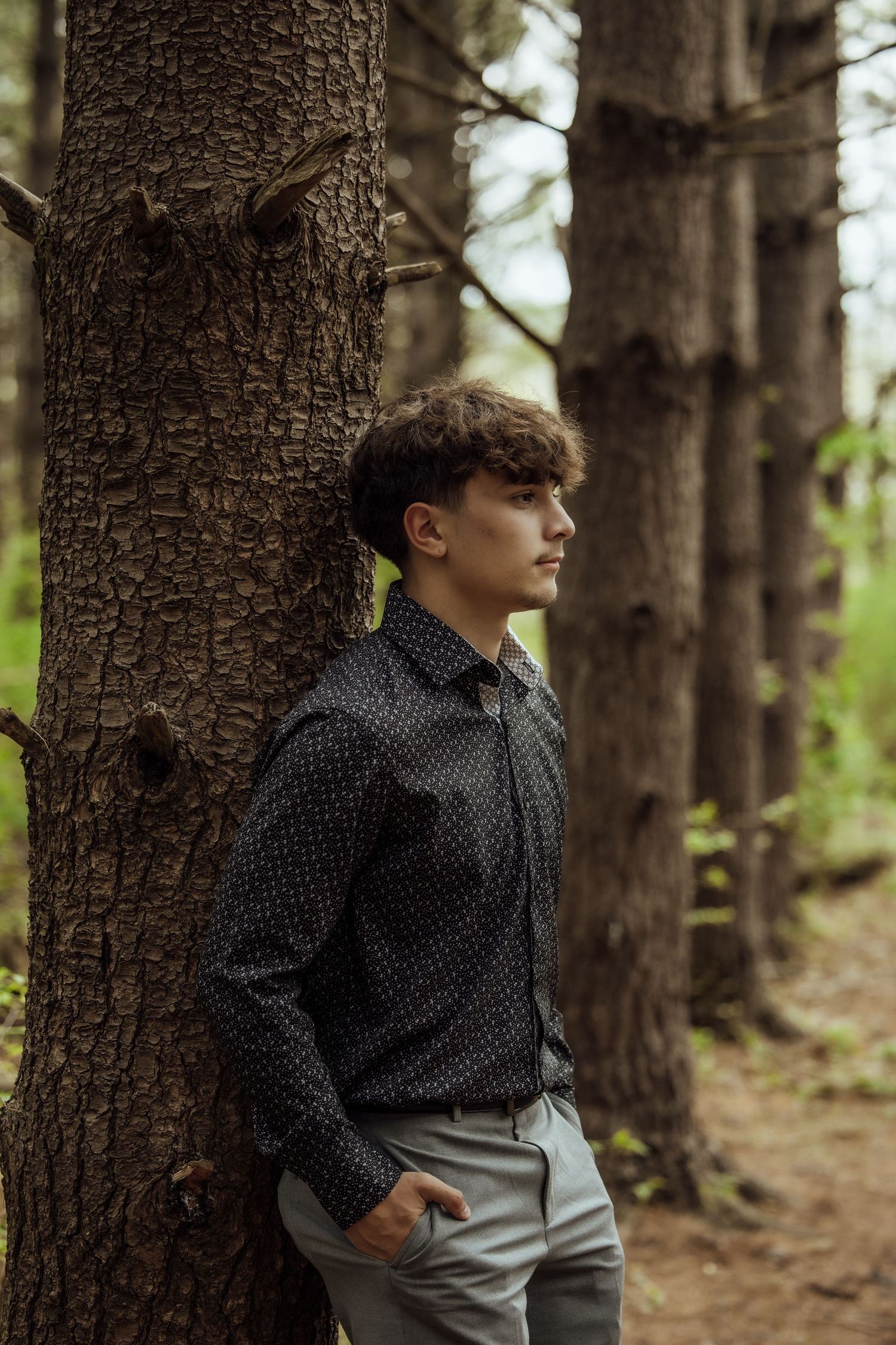 Young man in dark patterned shirt leans against tree trunk in pine forest.