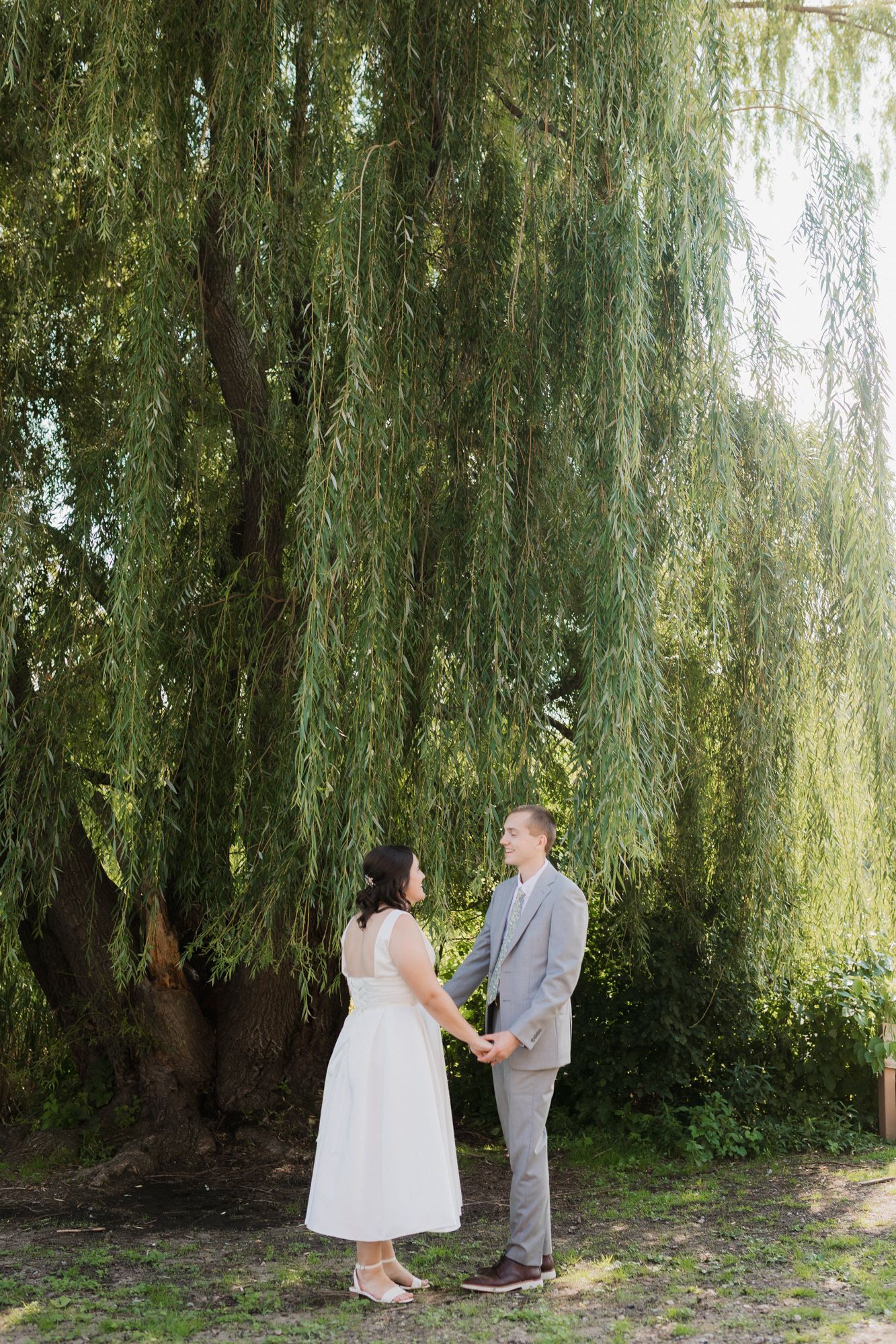 Bride and groom hold hands beneath a weeping willow tree outdoors on their wedding day.