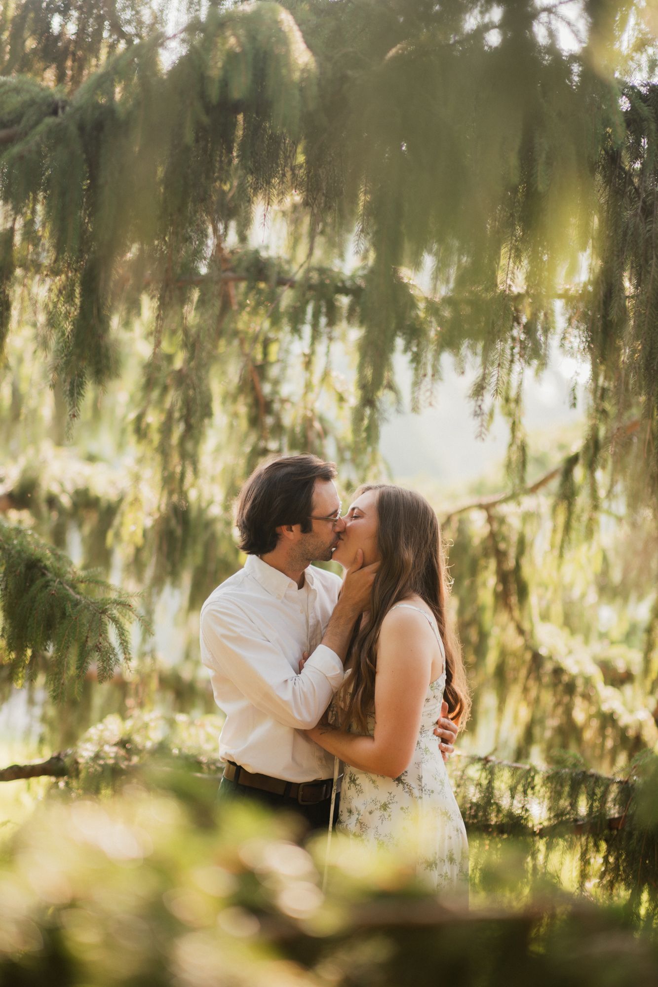 Couple sharing a romantic kiss surrounded by lush green weeping tree branches in soft golden natural light.