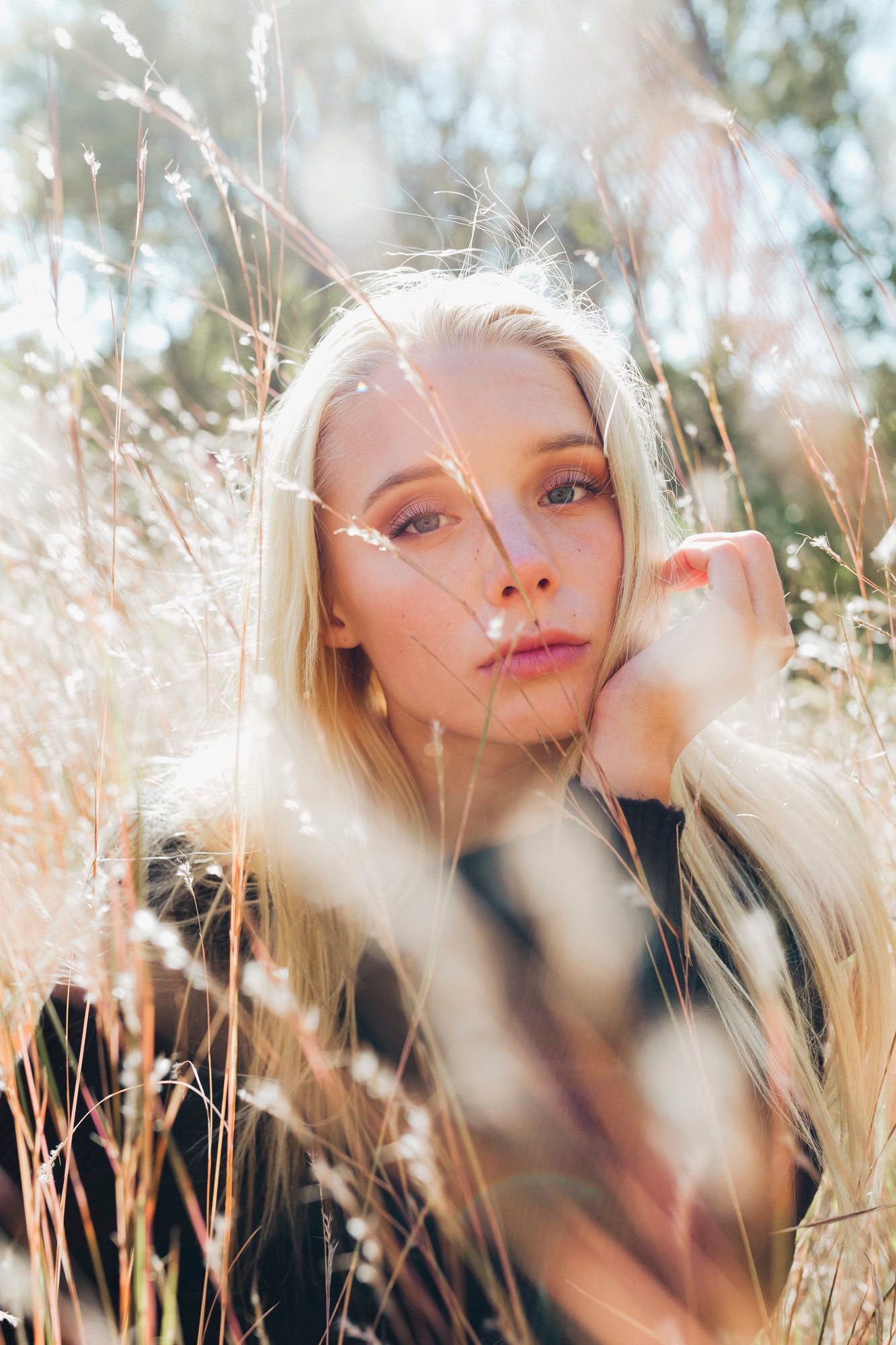 Dreamy portrait in golden sunlight surrounded by tall grass and natural elements.