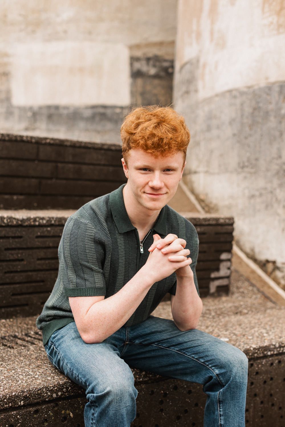 A series of casual outdoor portrait shots against a textured wall shows varying poses on concrete steps.