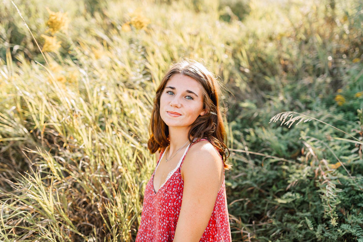 Sunset portrait session in tall golden grass with natural backlighting.