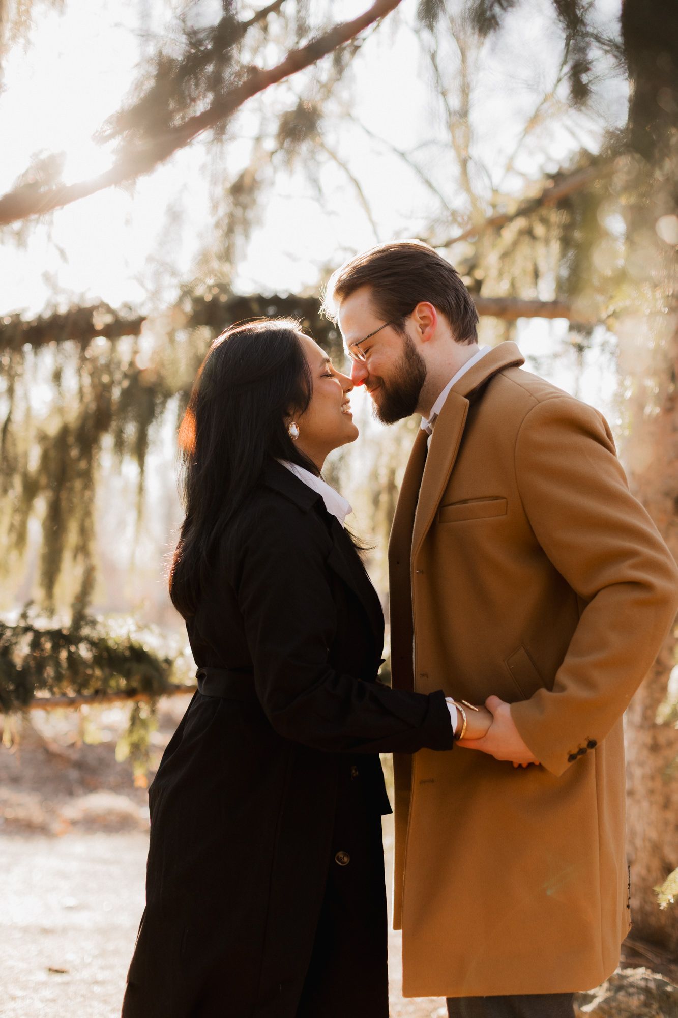 Couple leaning in for a kiss in warm sunlight with Spanish moss hanging in the background during engagement photos.