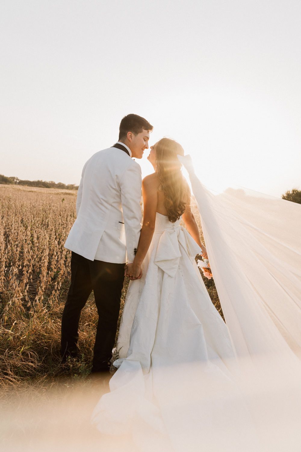 Romantic sunset wedding photos of a couple walking through a golden field in formal attire.