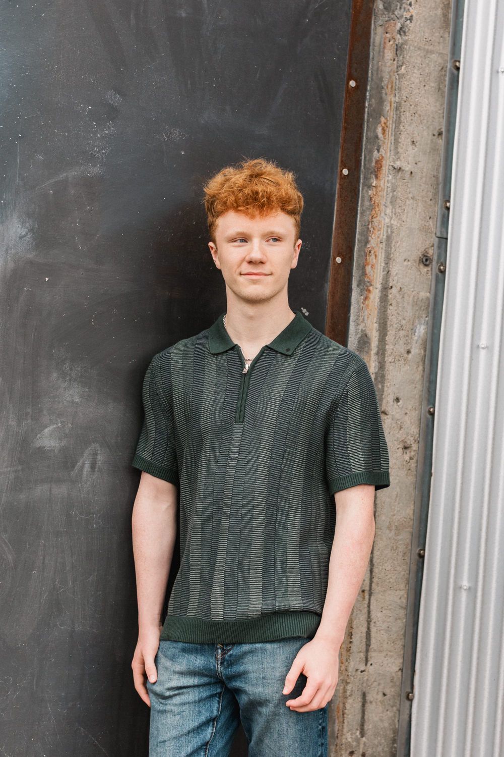Four casual portrait photographs taken against an industrial concrete and metal background.