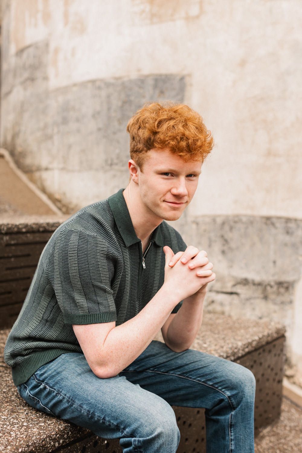 Contemplative poses on concrete steps showing various angles and expressions.