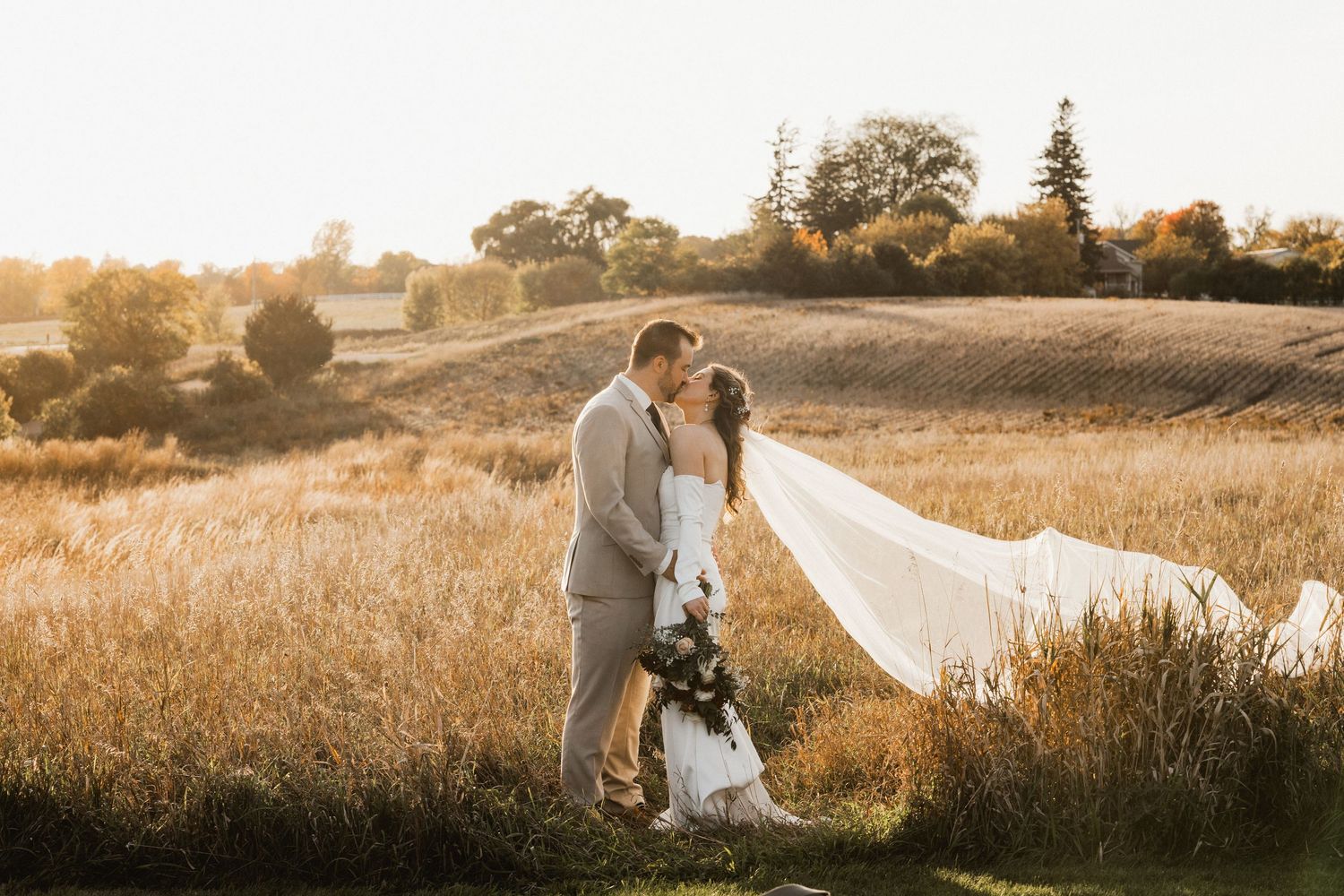 Bride and groom share a kiss in a golden wheat field at sunset as her long wedding veil flows in the breeze.