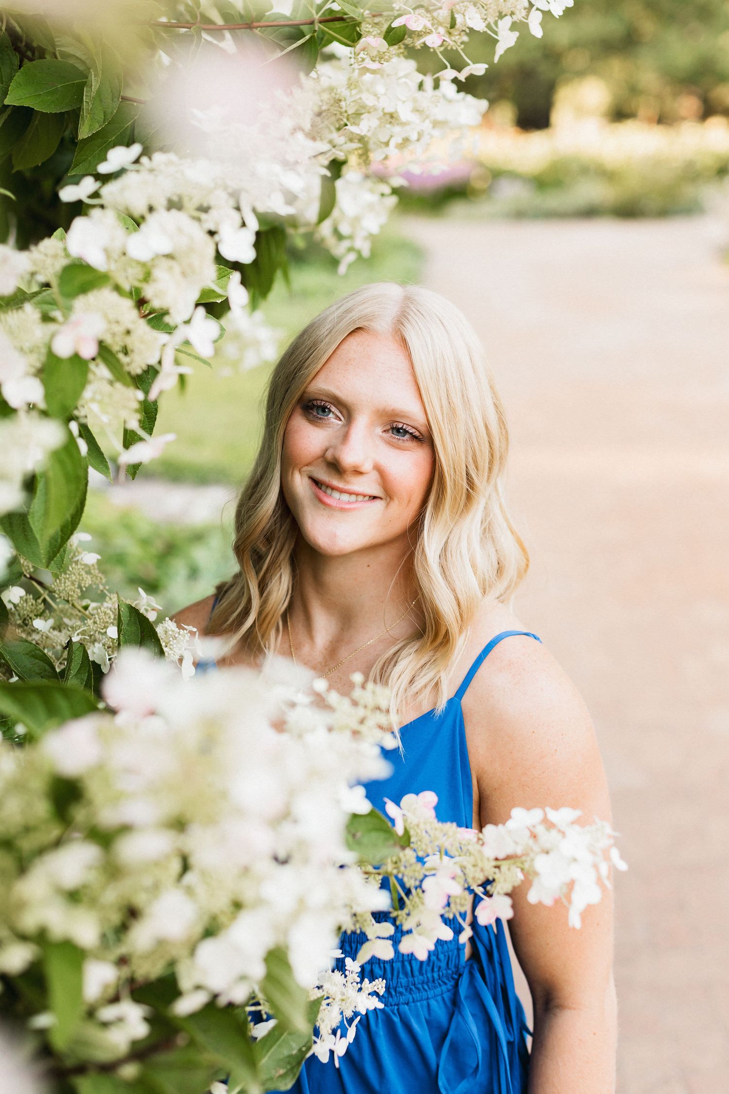 Delicate white spring blossoms frame a garden scene with soft natural lighting.