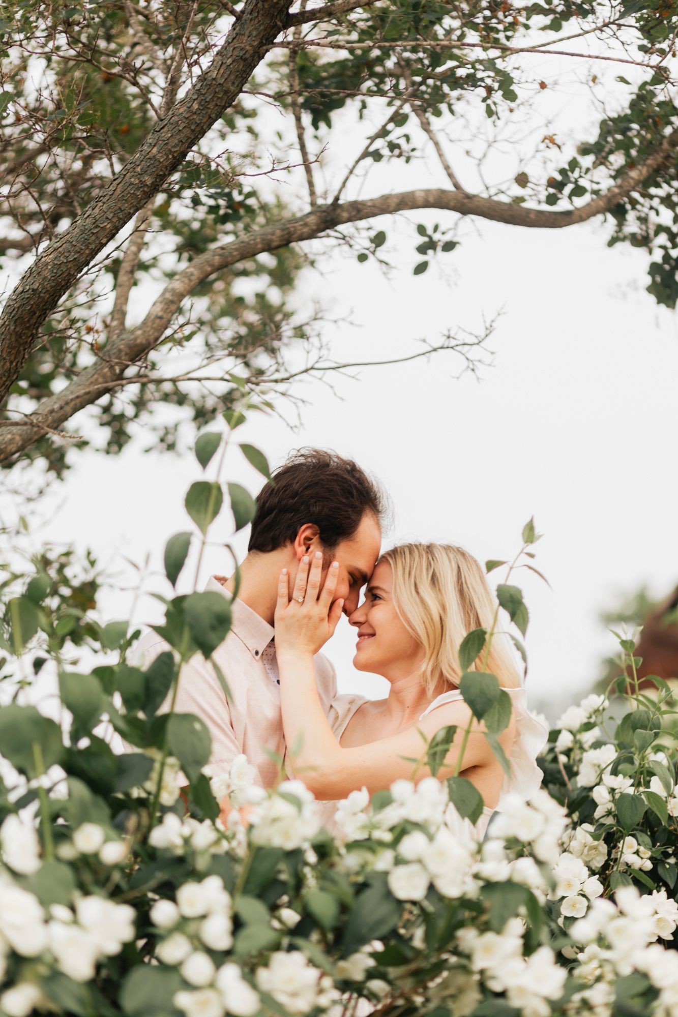 Intimate portrait of couple framed by tree branches and white flowers.